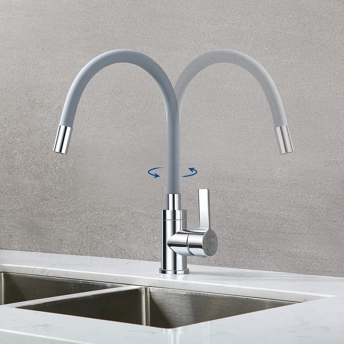 Kitchen faucet with flexible silicone hose, Auralum high-pressure kitchen tap, kitchen faucet 360° rotatable, mixer tap with flexible spout (grey)