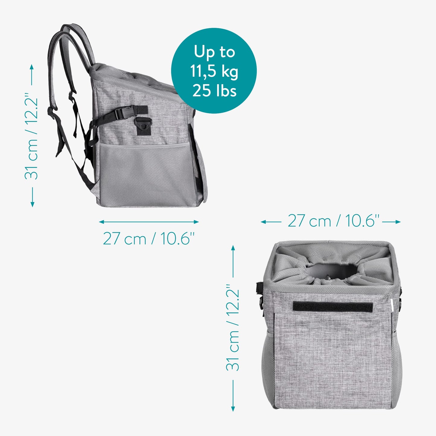 Navaris front bike basket for dogs up to 10kg - bike baskets for dogs and cats - dog bike basket, dog backpack, cat backpack - transport bag backpack - transport backpack grey