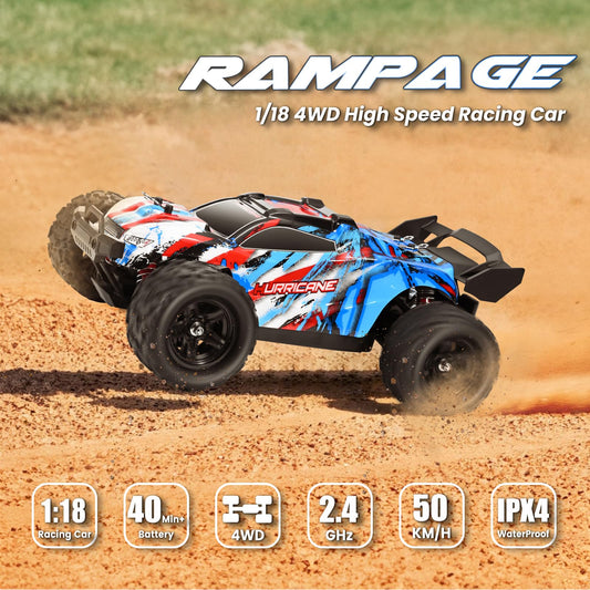 1:18 remote control car, all-wheel off-road RC car, 2 batteries, 40 minutes runtime, 2.4GHz all terrain high-speed RC crawler 50 km/h, outdoor indoor vehicle toy for adults and kids.