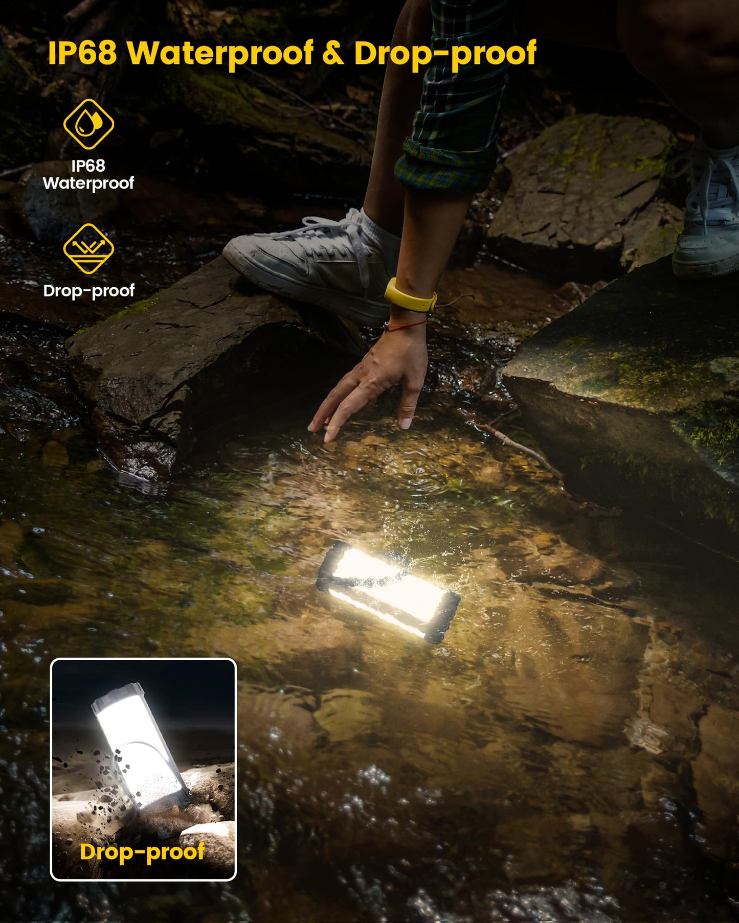 Glocusent Camping Lantern & Tent Light: Compact 1200lm camping light with rubber corner protection & keychain, 5 brightness levels, 3 modes + SOS, IP68 waterproof, 80h runtime, ideal for blackout, hiking.
