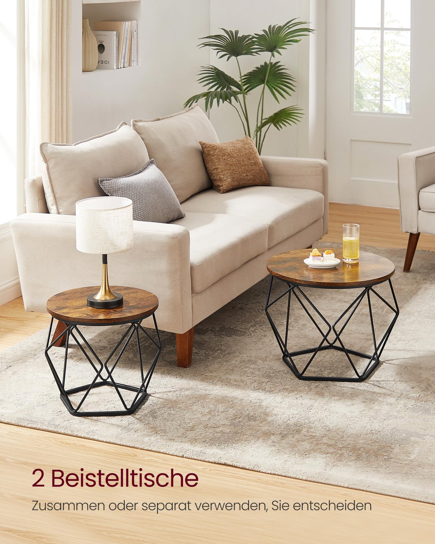 VASAGLE round coffee table, set of 2, living room table, side table, vintage flair, removable tabletop, for living room, vintage brown-ink black LET040B01