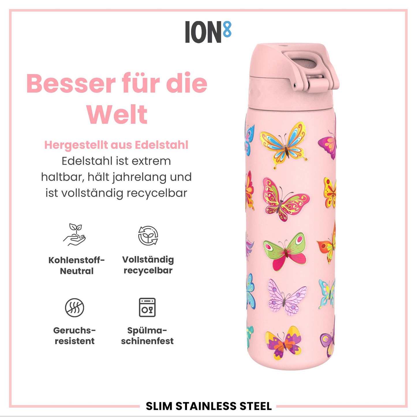 ion8 600ml stainless steel water bottle. Non-insulated, leak-proof, one-handed opening, secure locking, dishwasher safe, flip lid, carrying handle. Easy to clean, butterfly design.