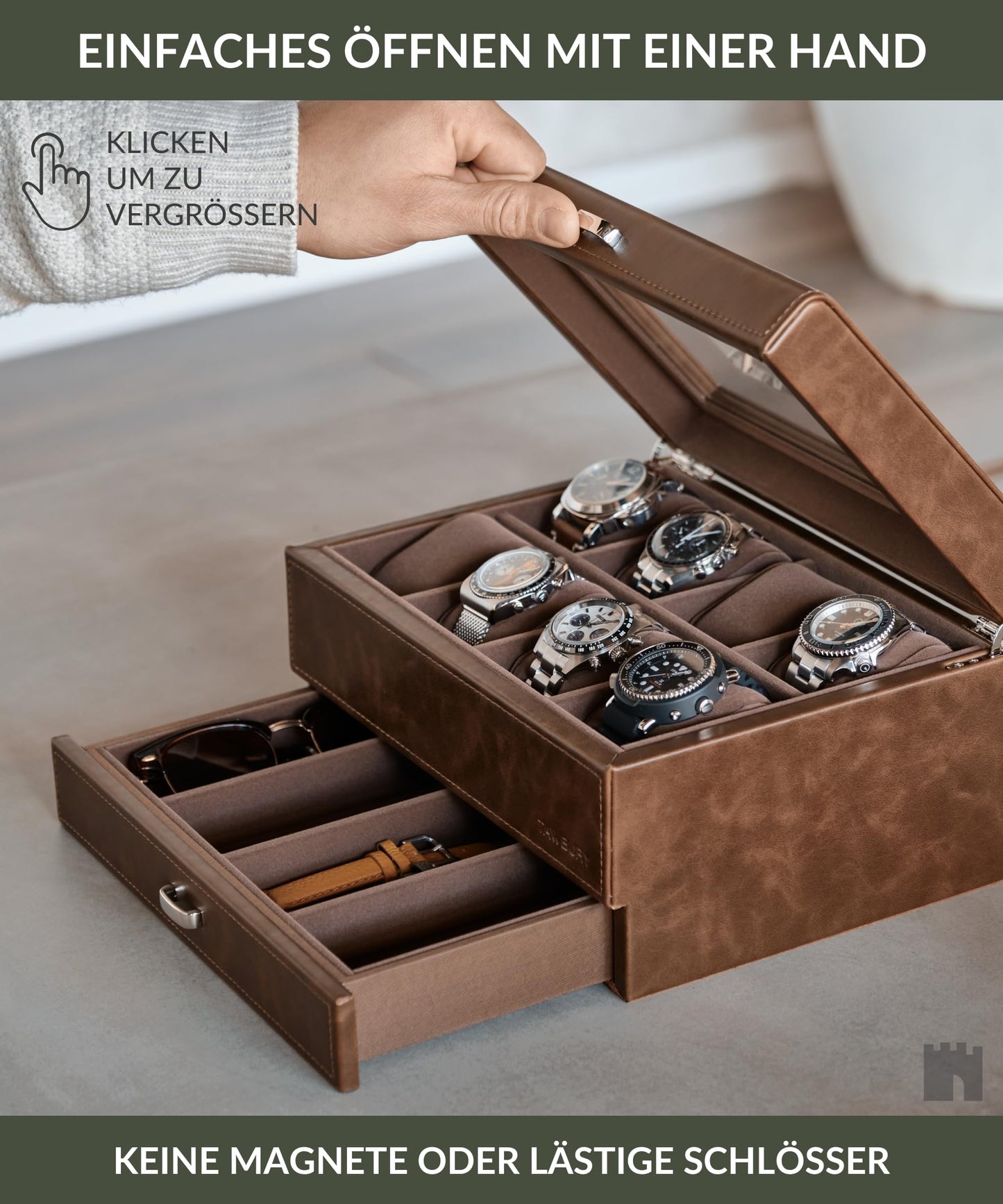 TAWBURY watch box for men for 8 watches - Men's watch box with 8 compartments made of brown vegan leather | Watch storage | Watch box for men | Watch case (Brown)