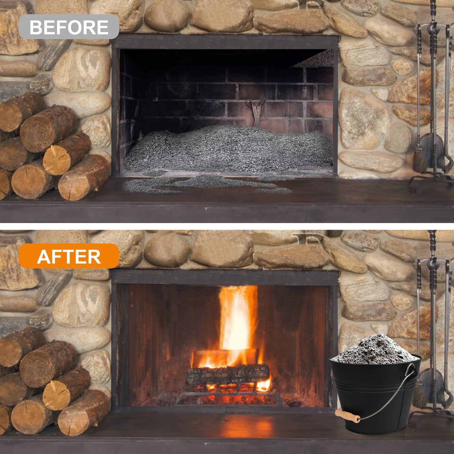 BRIAN & DANY ash bucket with lid, Round coal bucket for fireplaces, 5L bucket with shovel and hand broom, Tool set accessories for fireplace, fire pit, wood stove.