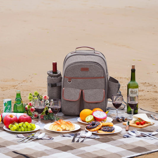 ZORMY picnic backpack set for 4 people with cooler compartment, picnic bag with waterproof pocket, insulated bottle/wine holder, fleece blanket, and camping utensils, perfect for couples as a wedding anniversary gift.