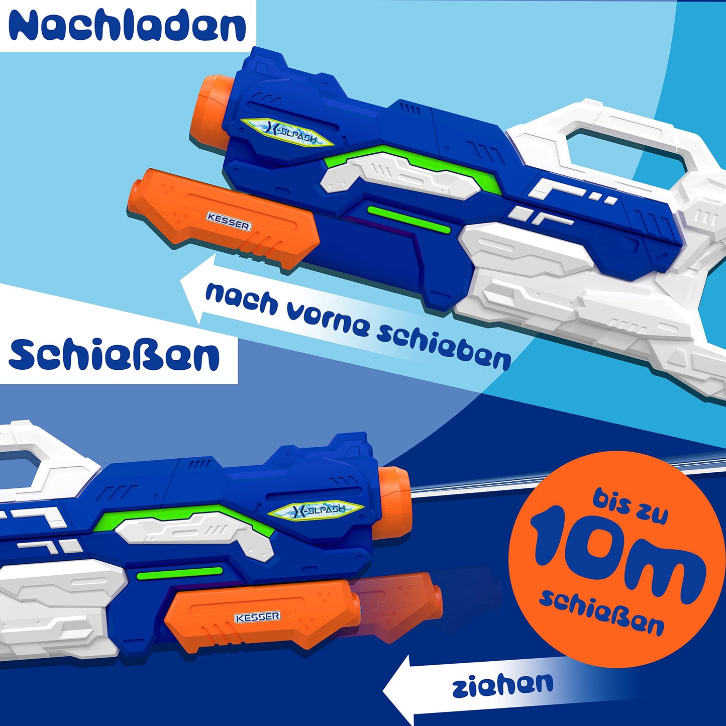 KESSER® Water Gun 2 Pack Water Pistols Squirt Guns Range 10-11 Meters, Capacity 1500ml Water Fun Beach Outdoor Toy for Kids and Adults Beach Pool, Blue/White