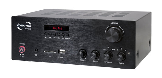 Dynavox VT-80 stereo compact amplifier in black, screwable connection terminals for 4 speakers, remote control functions only for digital inputs (USB, SD card), integrated BT antenna.
