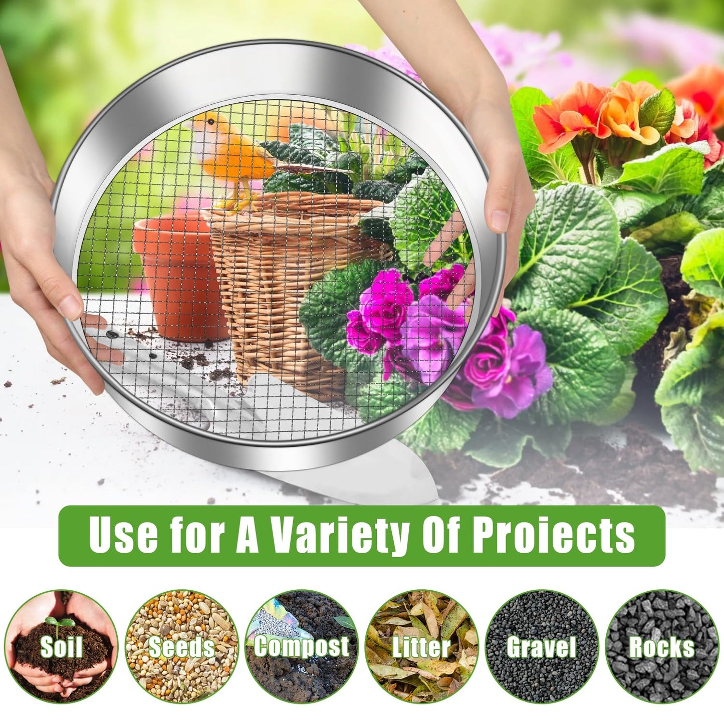 Jazlyvex 30 cm garden sieve with 5 interchangeable, stainless steel compost sieves for sifting soil, compost, and sand, includes a garden shovel.