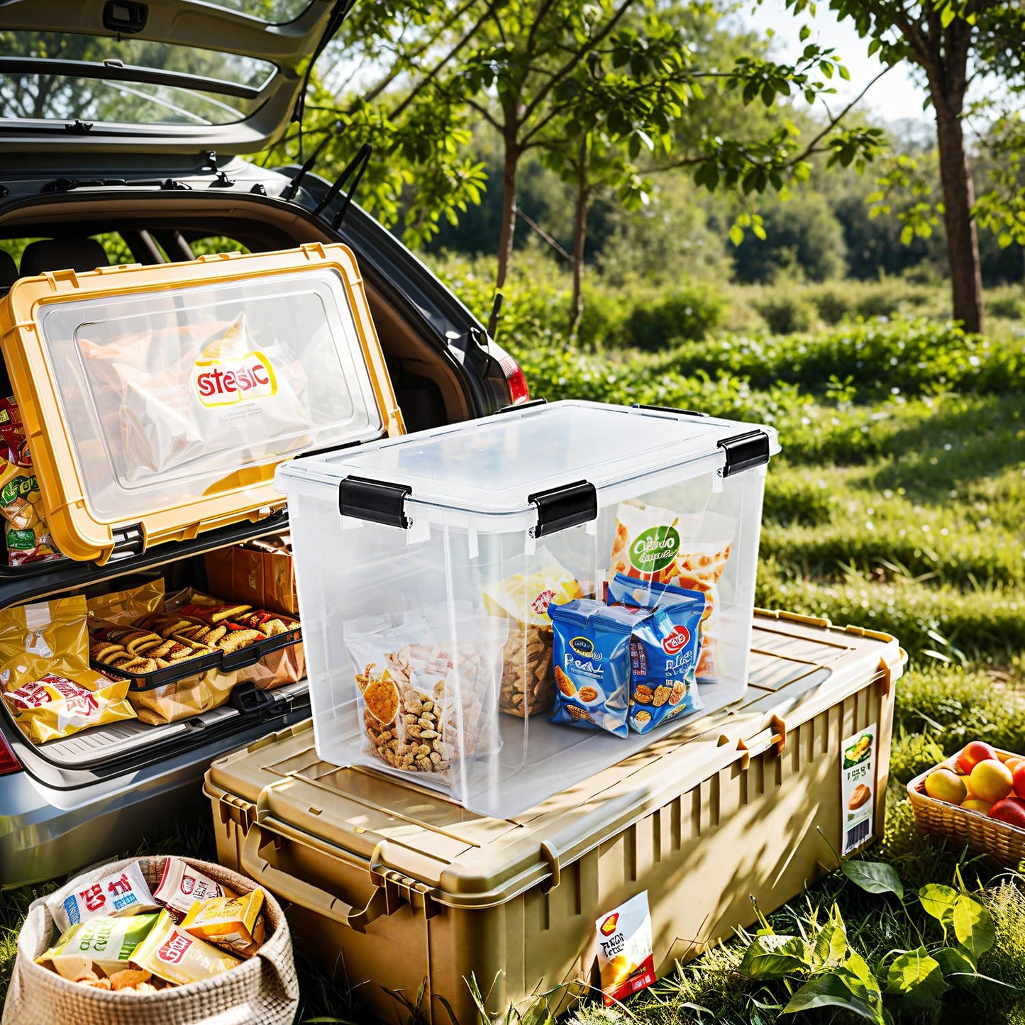 Iris Ohyama airtight plastic storage boxes with lid, 70L, 2-pack, transparent, hermetic waterproof seal, sturdy snap locks, stackable, dustproof, BPA-free, AT-LD.