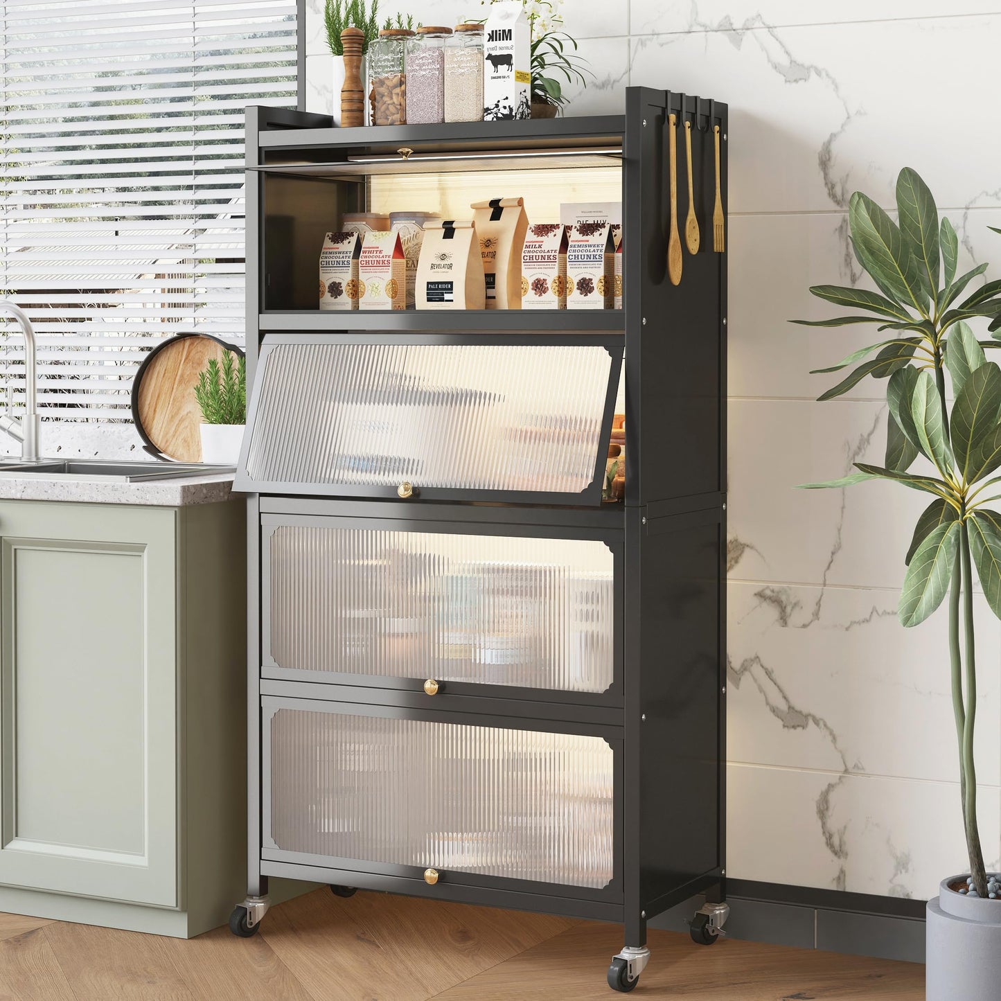 COVAODQ Bakers Rack Kitchen, 5-Tier Stainless Steel Kitchen Shelf, Bakers Rack with Hooks, Kitchen Stand Organizer for Wine, Dishes, Pots with Visible Cover Door (70CM Black), White