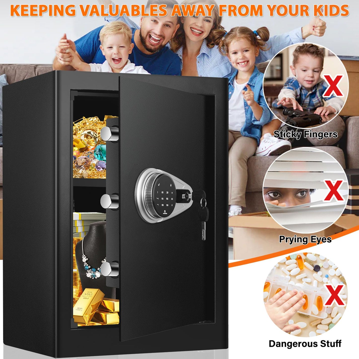 57L Large Touch Screen Safe, Fireproof Waterproof, with Combination Lock and Silent Mode, for Cash Valuables Documents