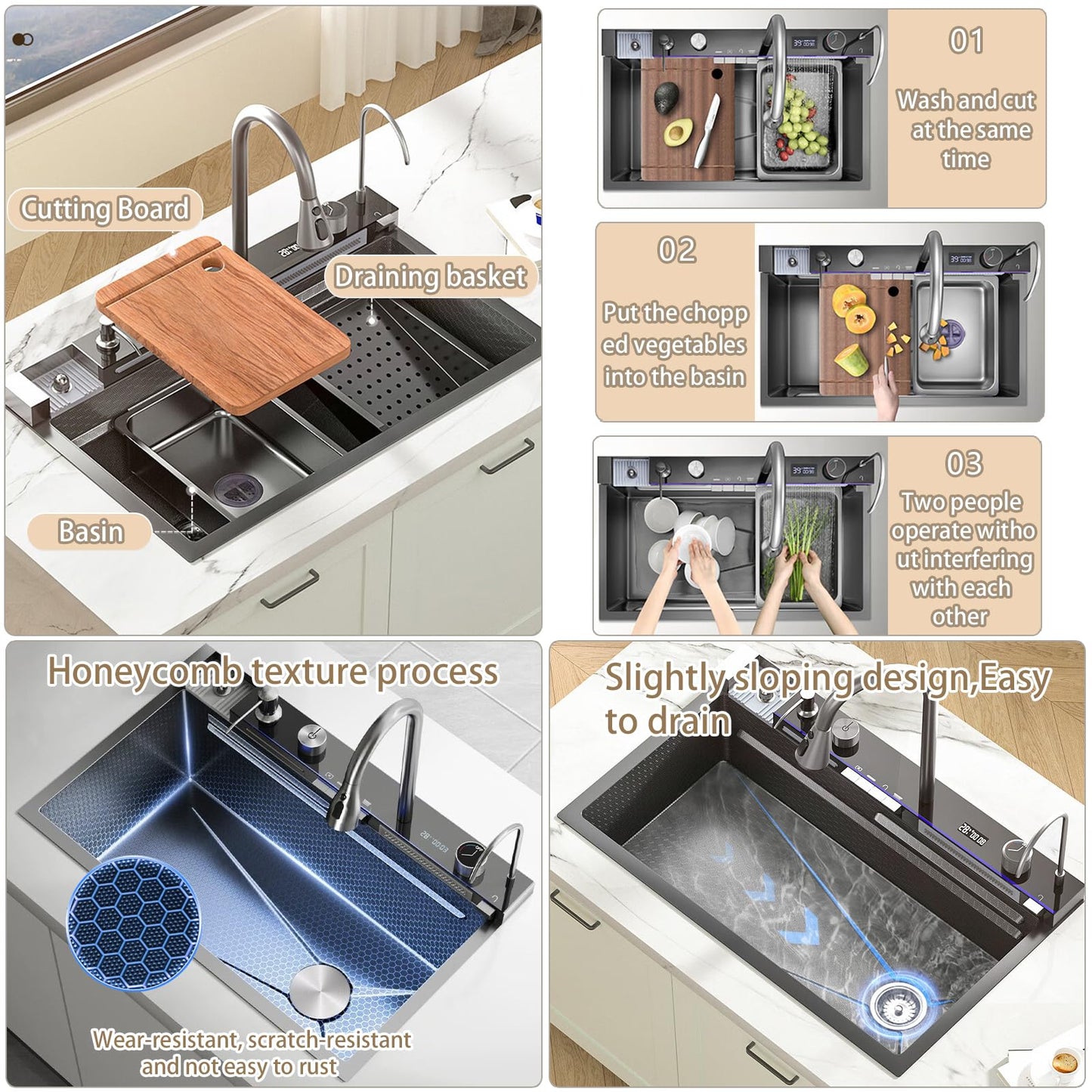 Ribanedy Multifunctional Digital Kitchen Sink, Waterfall Sink made of 304 Stainless Steel, with 5 Water Outlet Modes, Waterfall Pull-out Faucet, Cup Cleaner, and other sink accessories set (68 X 46 cm).
