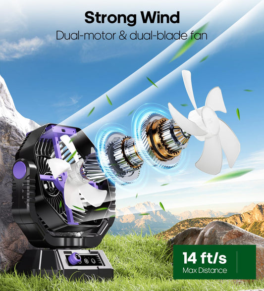 VTHW Camping Fan, 20000mAh Rechargeable Fan with LED Light & Hook, 270° Rotation, Stepless Speed, Timer Mode, USB Desk Fan for Indoor Outdoor (Purple)