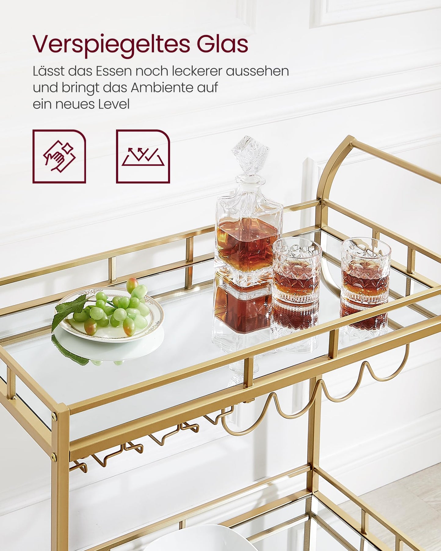 VASAGLE serving cart, rolling cart, glass holder, 2 mirrored glass shelves, bar cart, wine cart, for kitchen, dining room, bar, gold color LRC090A03