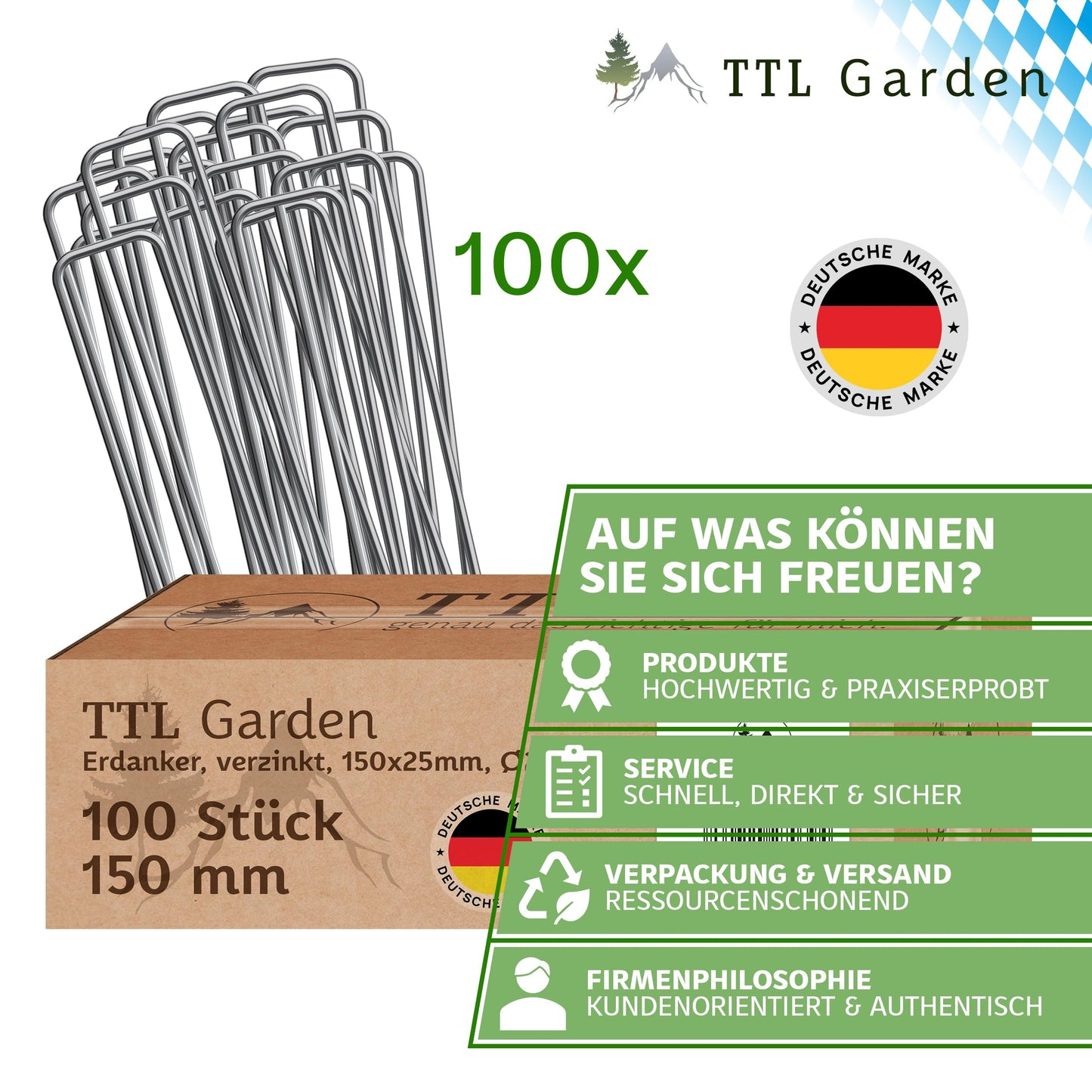 TTL Garden 100x Ground Anchors 150 x 25 x Ø 2.9 mm - galvanized & hardened carbon steel pegs for weed control fabric, garden fleece, fence, bird netting, camping - anti-rust, durable, and rust-free.