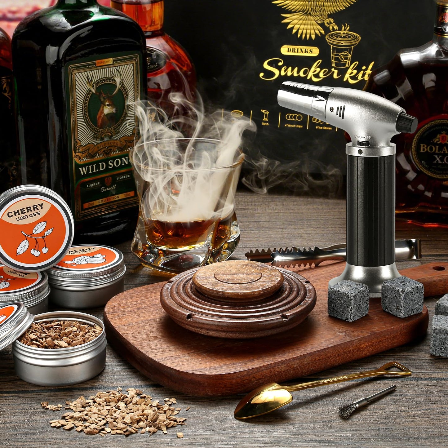 Dad's Christmas gift, Cocktail Smoker Kit, Whisky Stones, Culinary torch, Old Fashioned Whiskey Smoker Drinks Kit, Cocktail Accessories, Bourbon-Walnut (Butane not included)