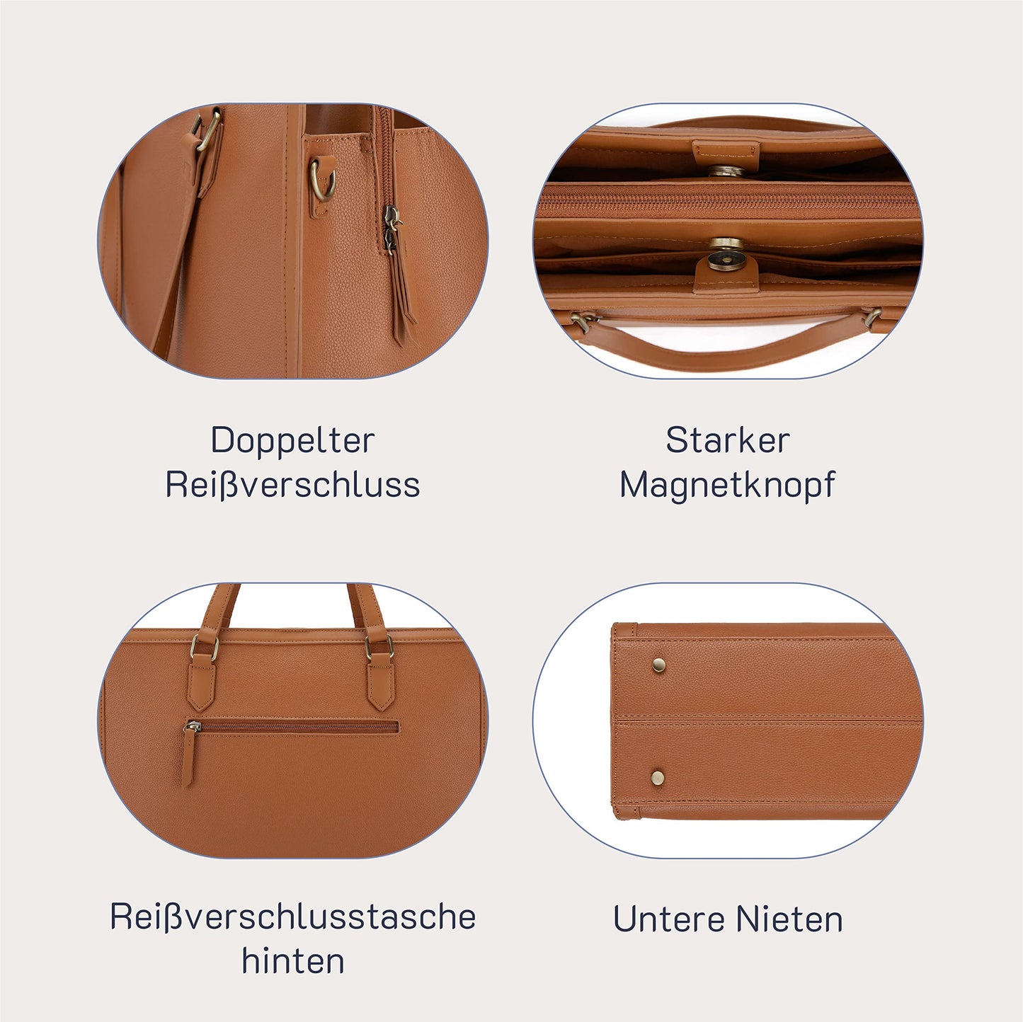 Missnine Laptop Handbag 15.6 Inch Laptop Bag Women's Teacher Bag Briefcase Shopper Large Work Bag Tote Bag Business Bag with 3 Compartments for Office School, Brown