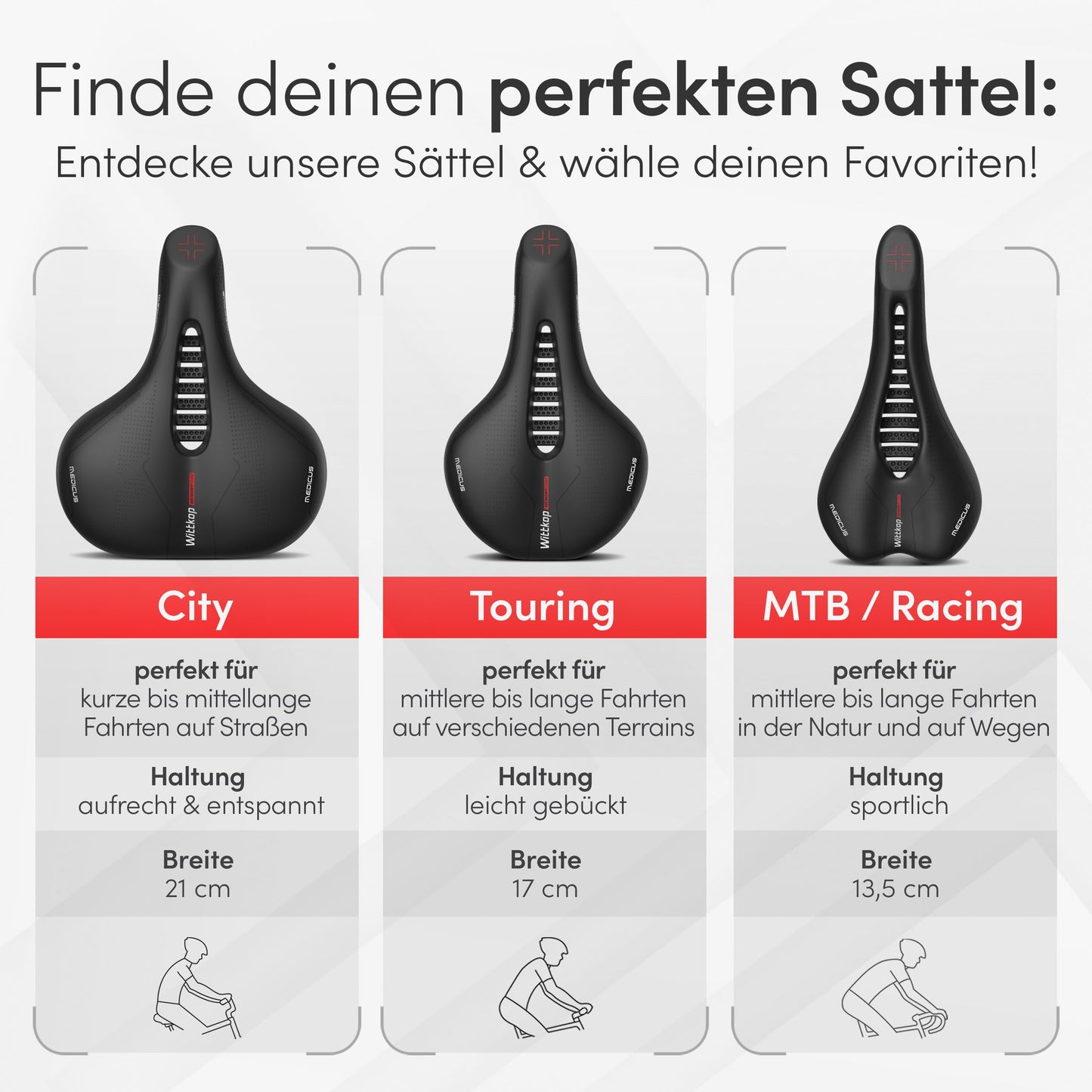 Büchel WITTKOP bicycle saddle with innovative 5-zone Medicus concept and orthopedic memory foam padding I comfortable bike saddle for women & men I MTB, trekking, city