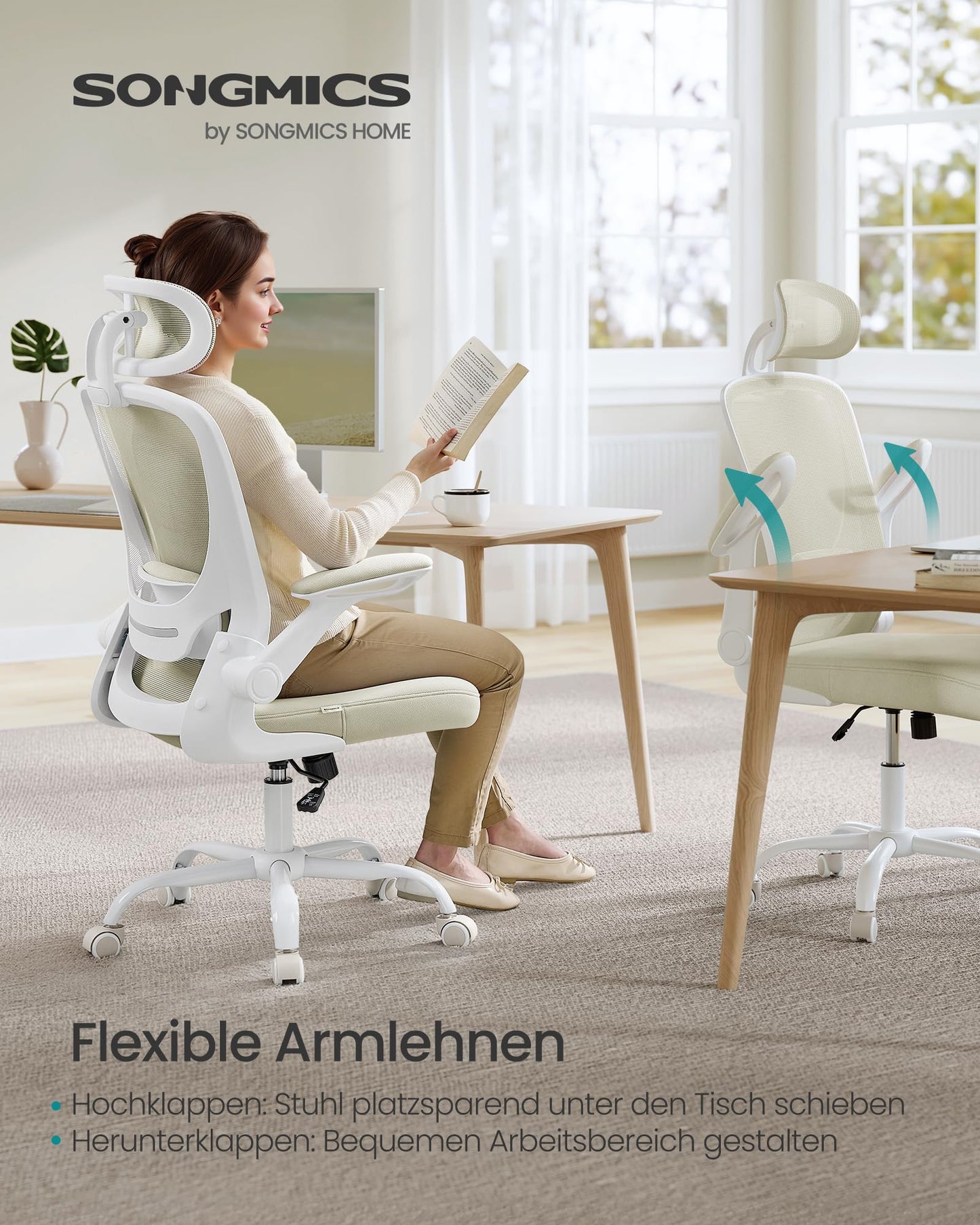SONGMICS ergonomic office chair with mesh, lumbar and headrest, rocking function, 53 cm wide seat, foldable armrests, for office and bedroom, students, cappuccino beige OBN047K01.