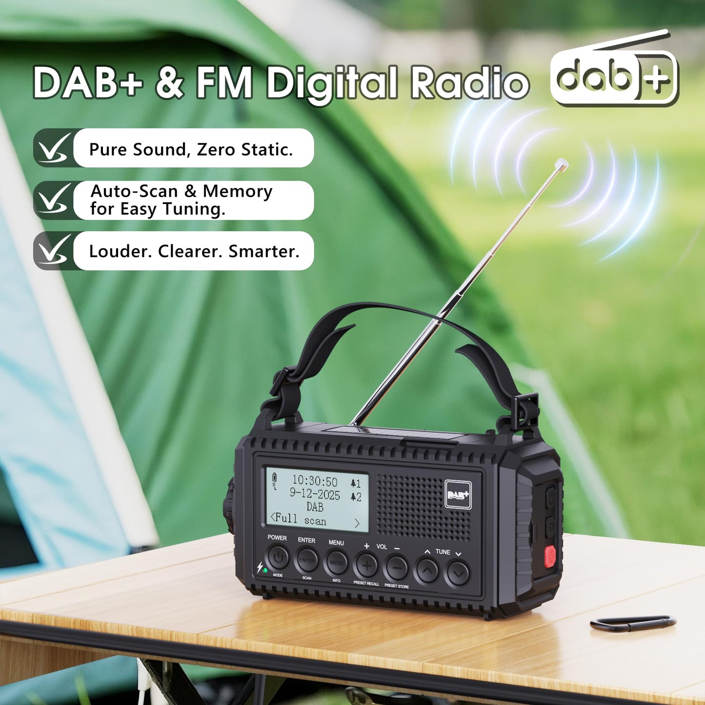 DAB/DAB+/FM digital radio with built-in 5000mAh battery. Solar radio emergency radio with USB mobile phone charging function. Camping radio with LED flashlight, reading light, SOS alarm. Portable crank radio for outdoor use.