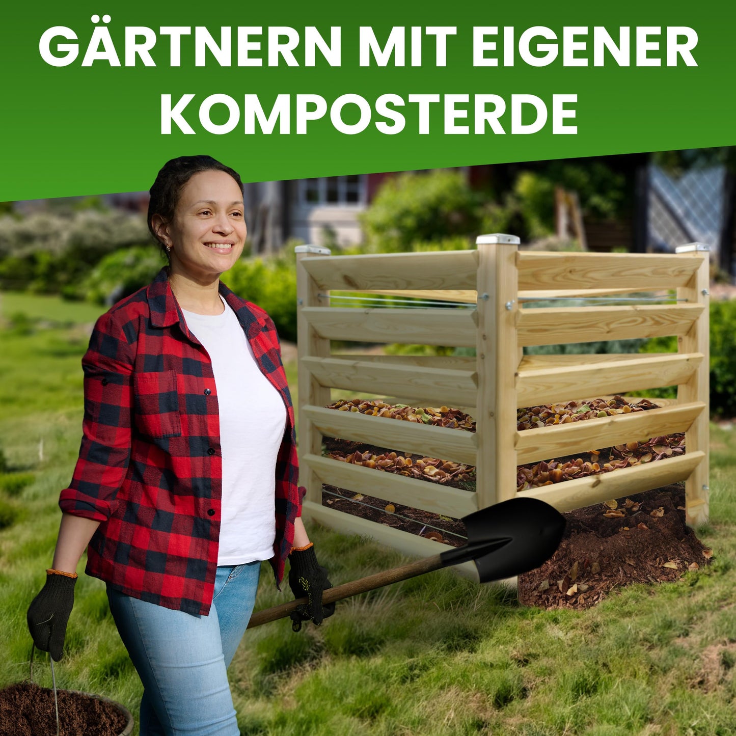 Modern compost bin made of solid larch wood, dimensions approximately 80x80 cm with a height of 80 cm. Easy-to-assemble composting system.