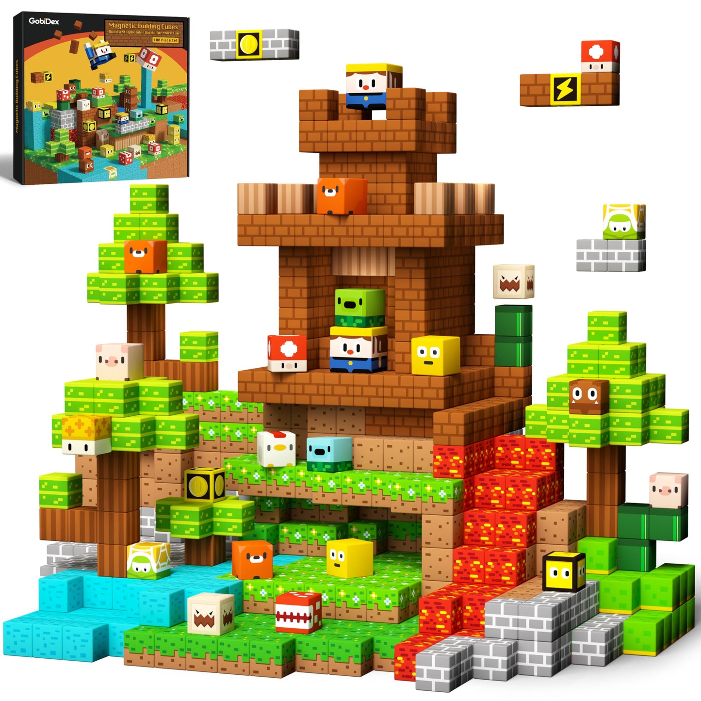 GobiDex Magnetic Building Blocks 2.5CM 100 Pieces, Lumberjack Adventure with Magnetic Cubes for Kids, Magnetic Game Children's Toy for Boys and Girls ages 3-12, Upgrade.
