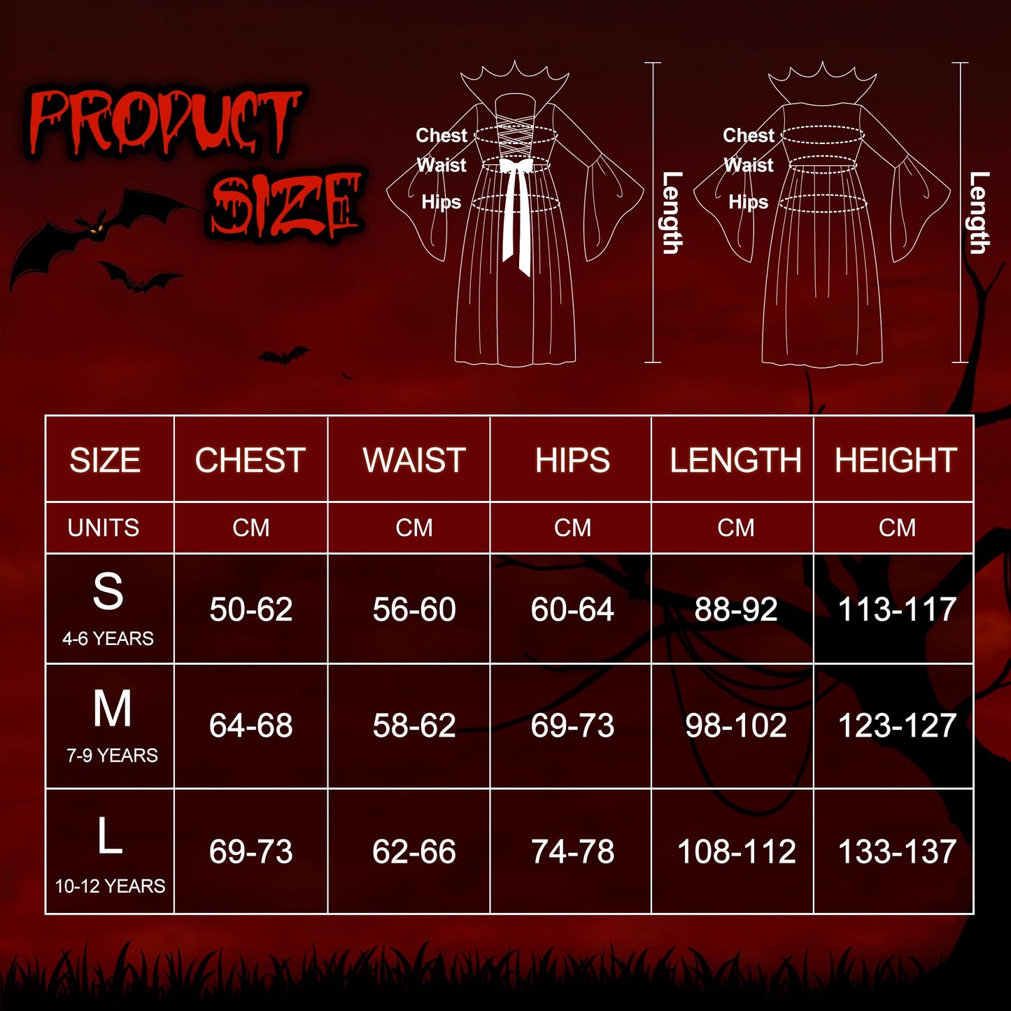 Funnlot Vampire Costume Girls Gothic Halloween Costume Dress with Vampire Teeth Kids Carnival Costume Cosplay M(7-9 Years)