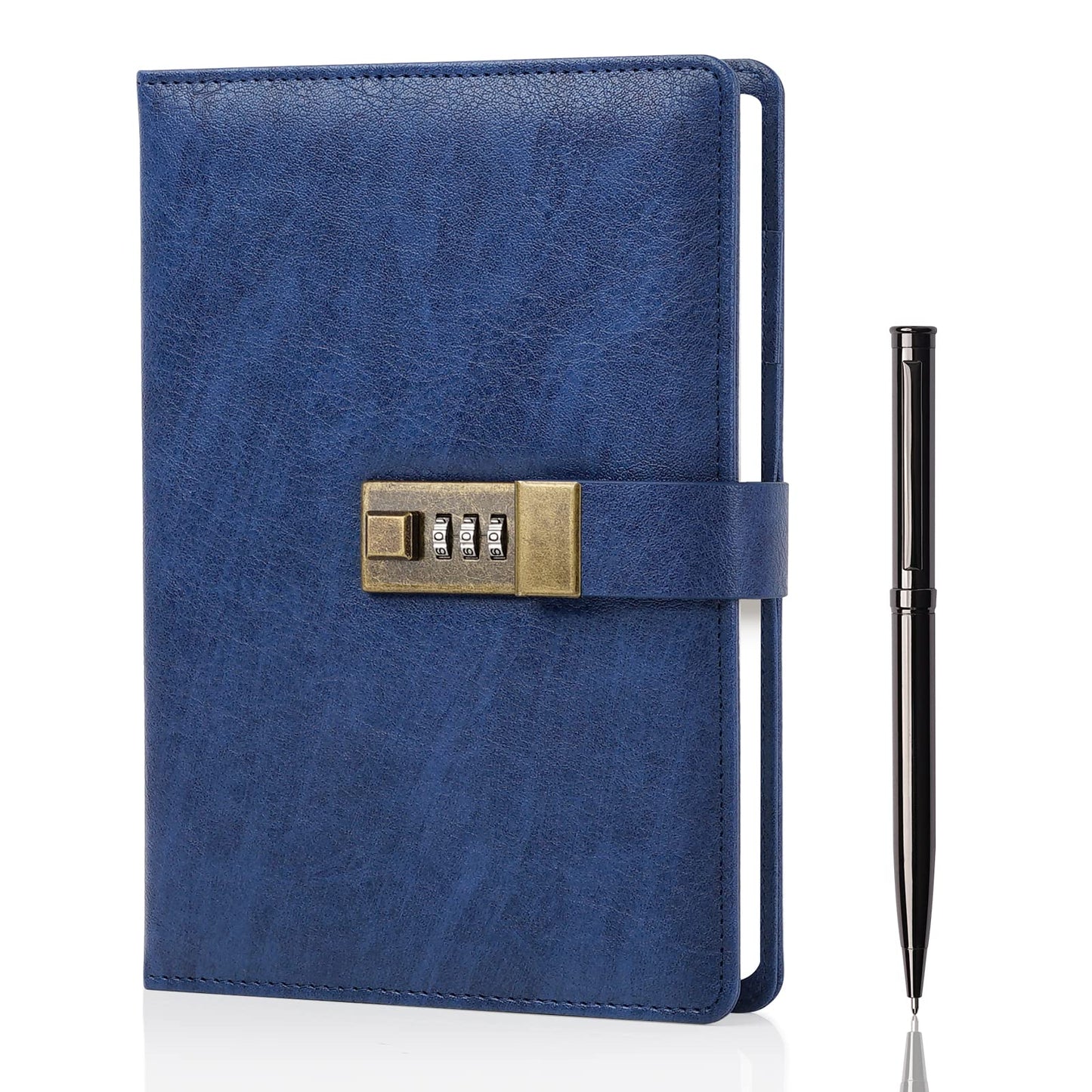 WEMATE Diary with Lock, A5 PU Leather Journal with Lock 240 Pages, Vintage Lock Journal with Pen & Gift Box, Lockable Diary for Women & Men, 8.6x5.8in (Blue)