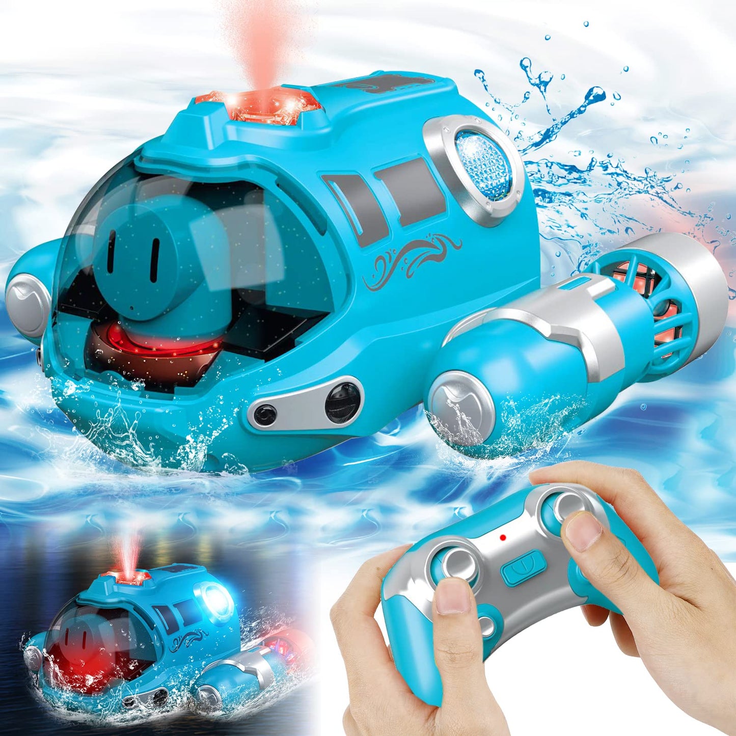 Remote Control Boat for Kids RC Boat 2.4 GHz Pool Toy Kids with Spray/Light Function/Double Propellers, Water Toy for Pools Lakes Boys Girls Outdoor Toys Gifts (Blue)