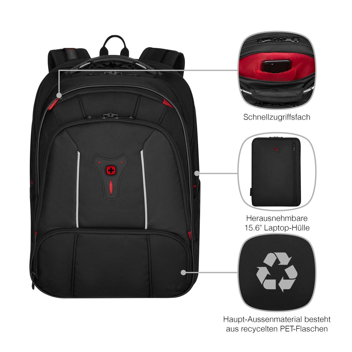 WENGER Carbon Pro Laptop Backpack with tablet compartment, fits up to 17 inch laptops, 33L, unisex, for office, business, and university use, black, 653129