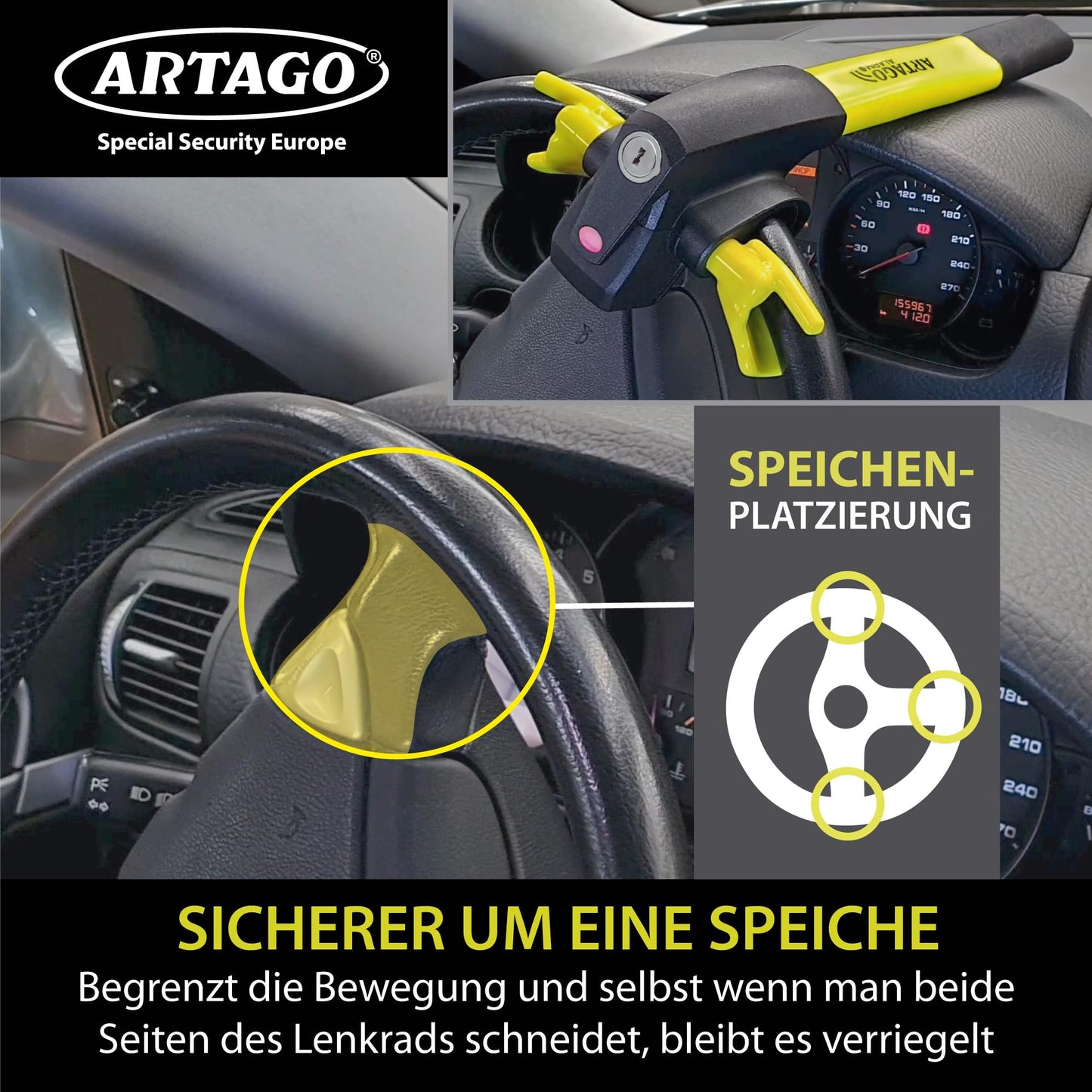 ARTAGO 870 High-quality steering wheel lock, 2in1 steering lock with/without alarm Don't Touch 120dB+LED, steering wheel lock. Secure and deterrent around the steering wheel spoke, best anti-theft protection for cars.