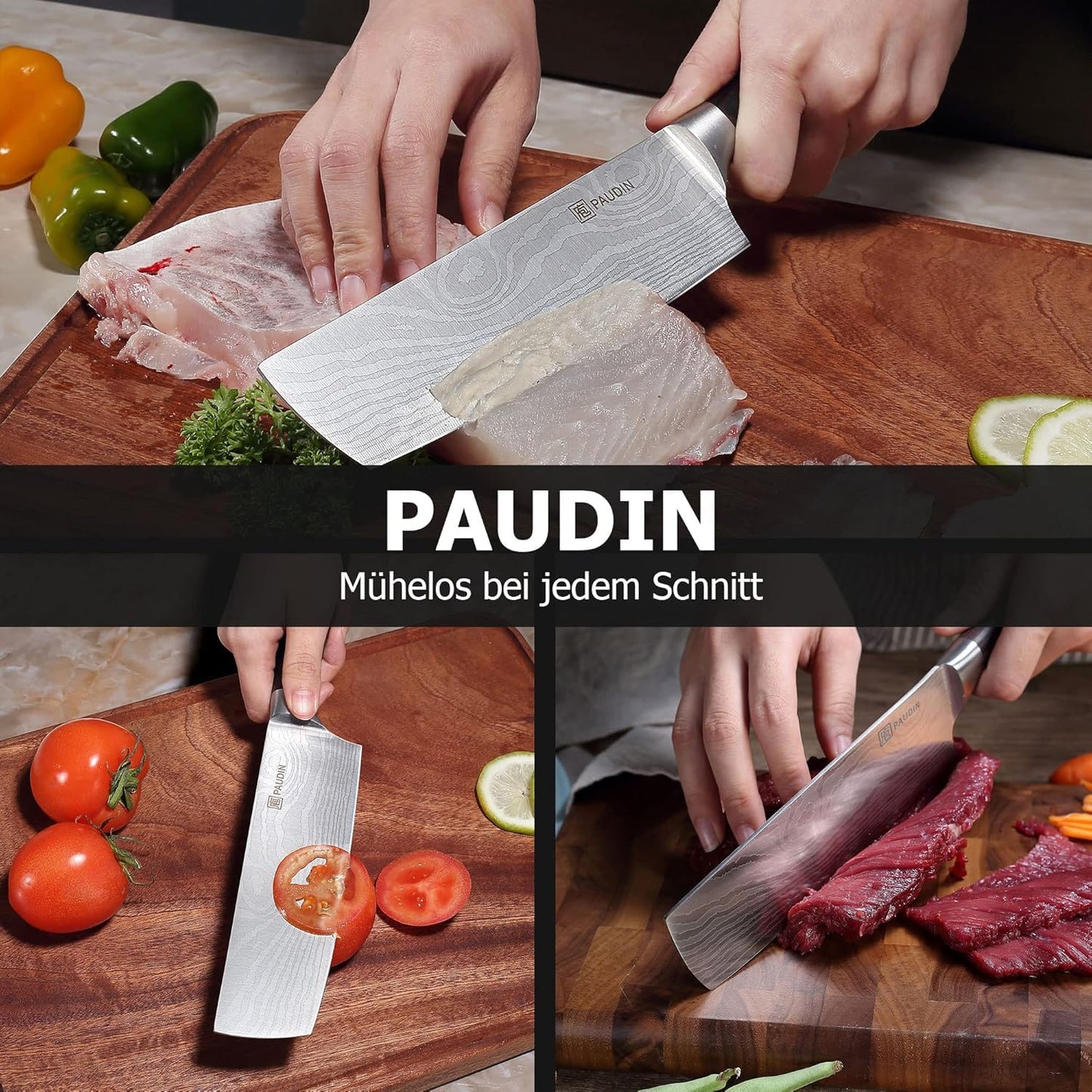 PAUDIN Japanese knife, blade length 17 cm Nariki knife chopper kitchen knife made of high-quality stainless steel, Asian multipurpose kitchen knife for home and kitchen with ergonomic handle.
