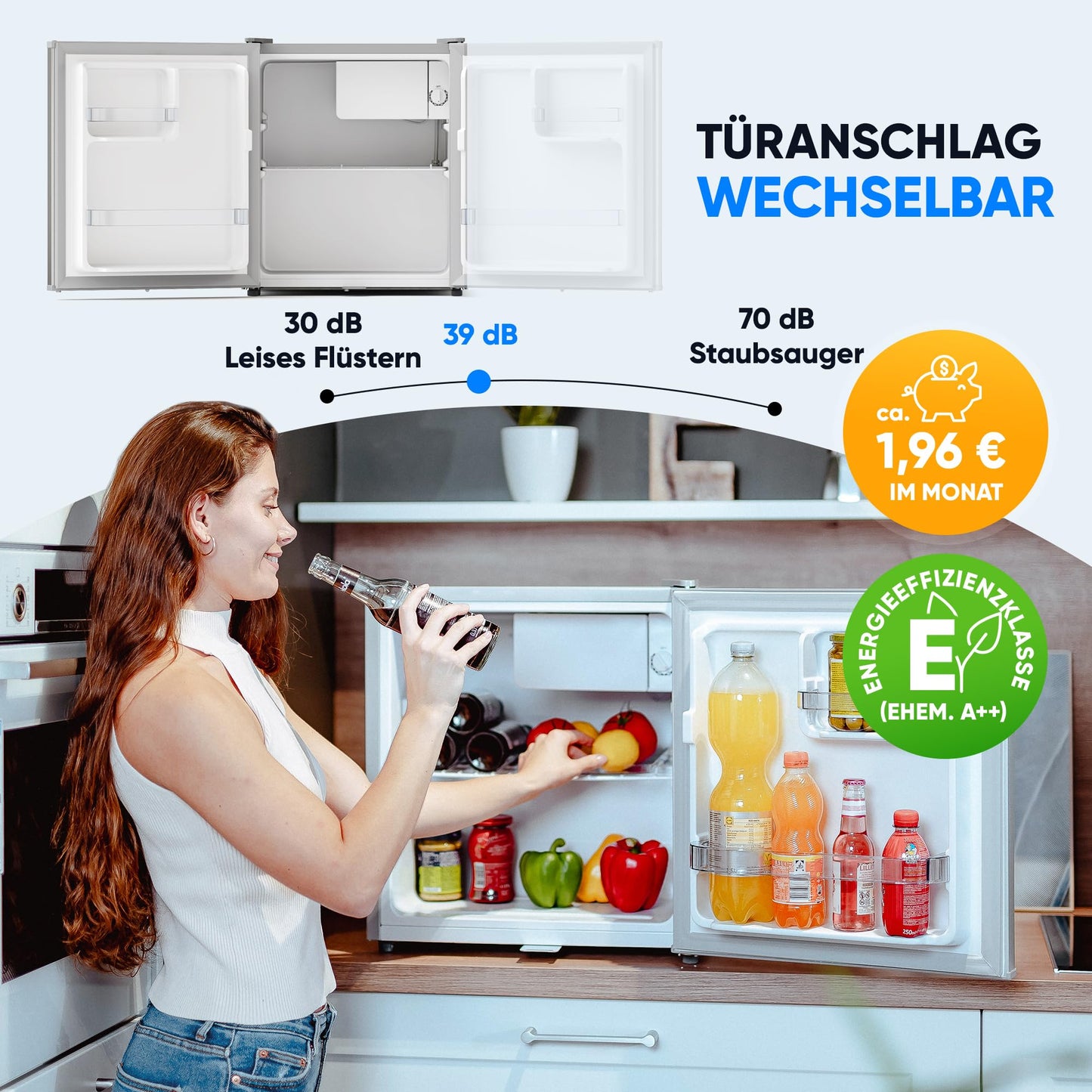 Silentstar Mini Fridge E 45L with automatic defrost, lock, freezer compartment, quiet, ideal for kitchen, office, bedroom, hotels and small apartments. Small fridge minibar drinks fridge silver.