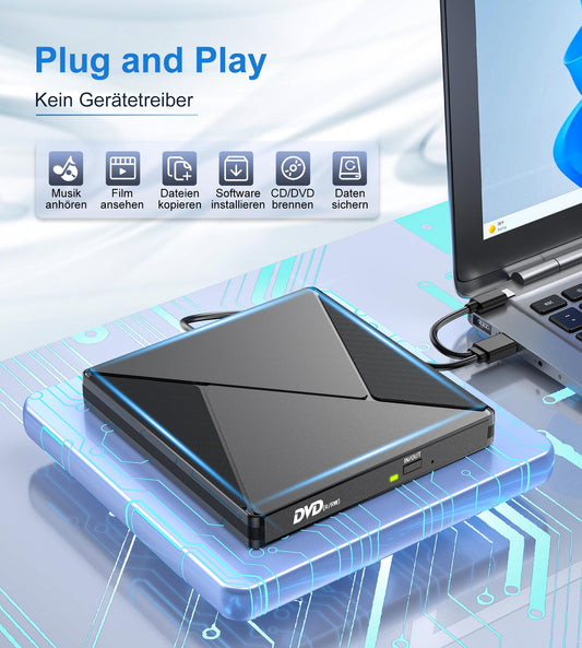 Umaniy External CD DVD Drive, USB 3.0 & USB-C CD/DVD Drive, CD DVD +/-RW ROM Burner Optical External DVD Drive for Laptop, PC, Desktop, MacBook, iMac, Windows 11/10/8/7/XP/Linux/MacOS