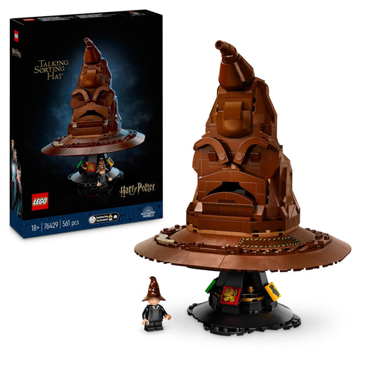 LEGO Harry Potter The Sorting Hat, Hogwarts adult model & Harry Potter Hagrid's Hut: A Unexpected Visit set with 5 minifigures and 2 animal figures.