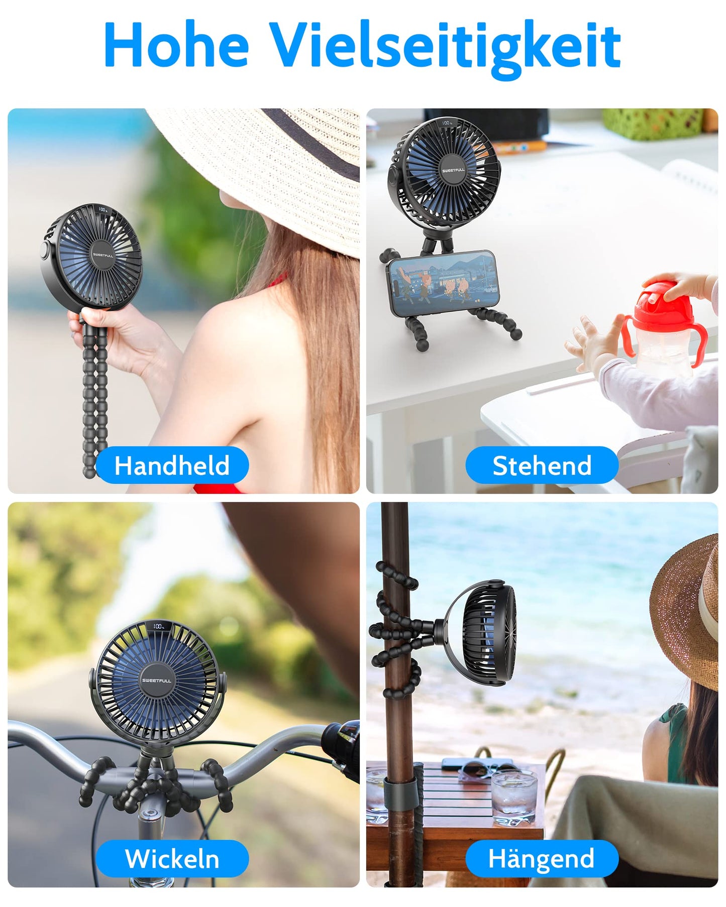 SWEETFULL mini fan stroller fan quiet handheld fan 4000mAh battery desk fan usb small portable fan travel office camping car 360 degree rotation
