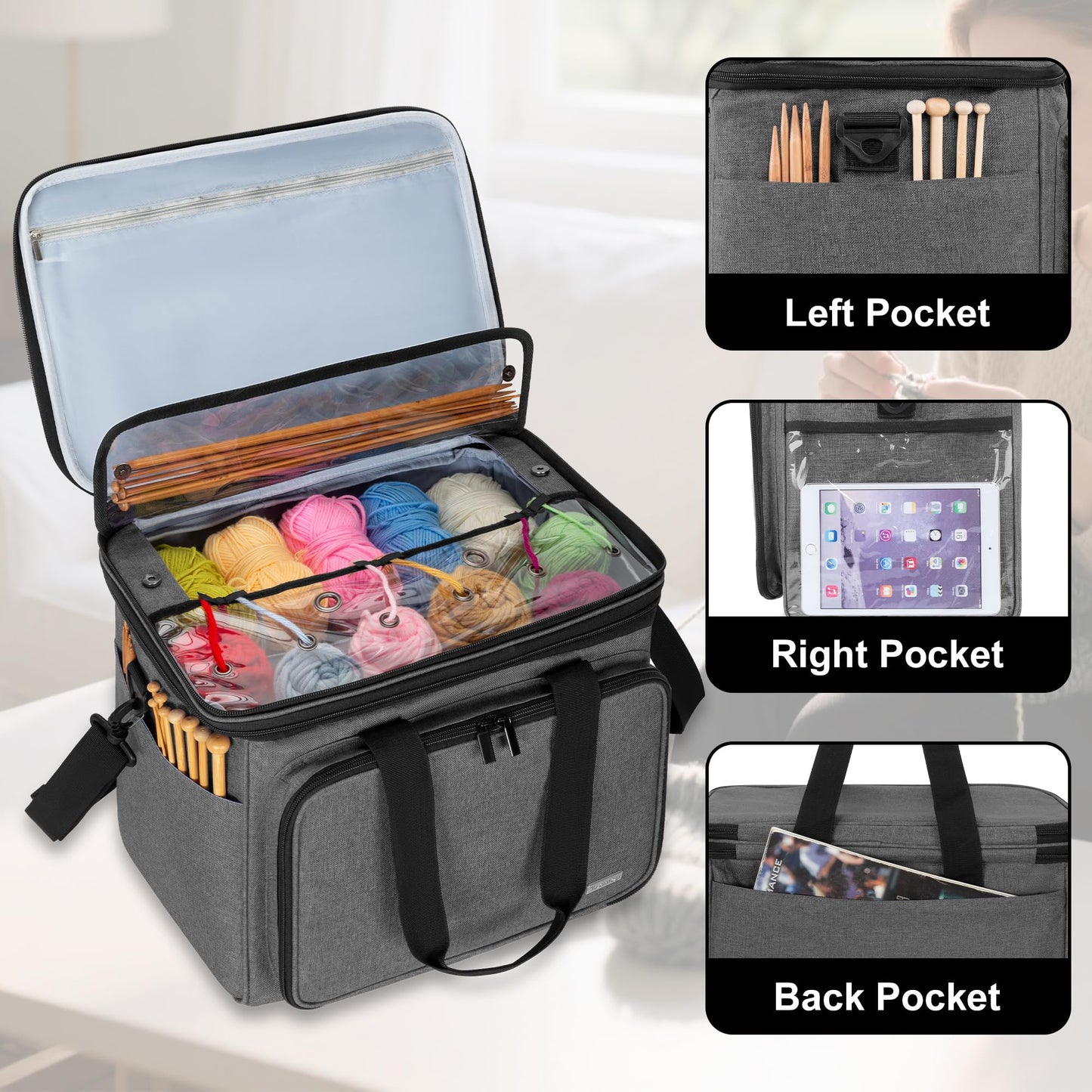 Teamoy storage bag for yarn, suitable for carrying knitting/crochet yarn and accessories, with double lids (accessories not included), Gray.