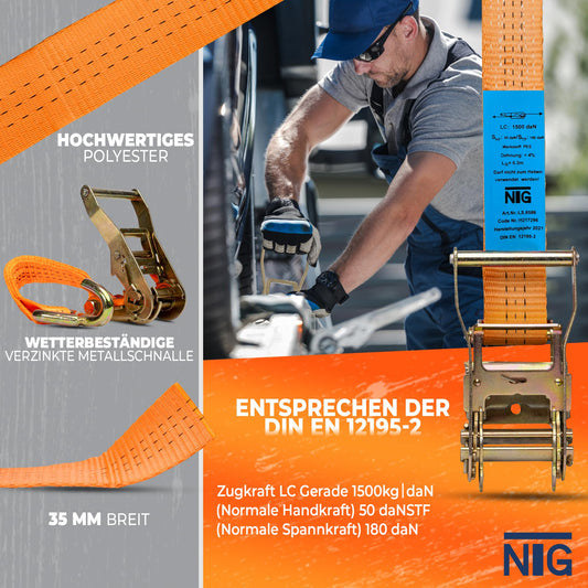 4 ratchet straps for car transport | 35mm | Length 3300mm | 3000 daN | lashing strap | wheel securing | car | tire strap | trailer | commercial vehicle | 35 mm