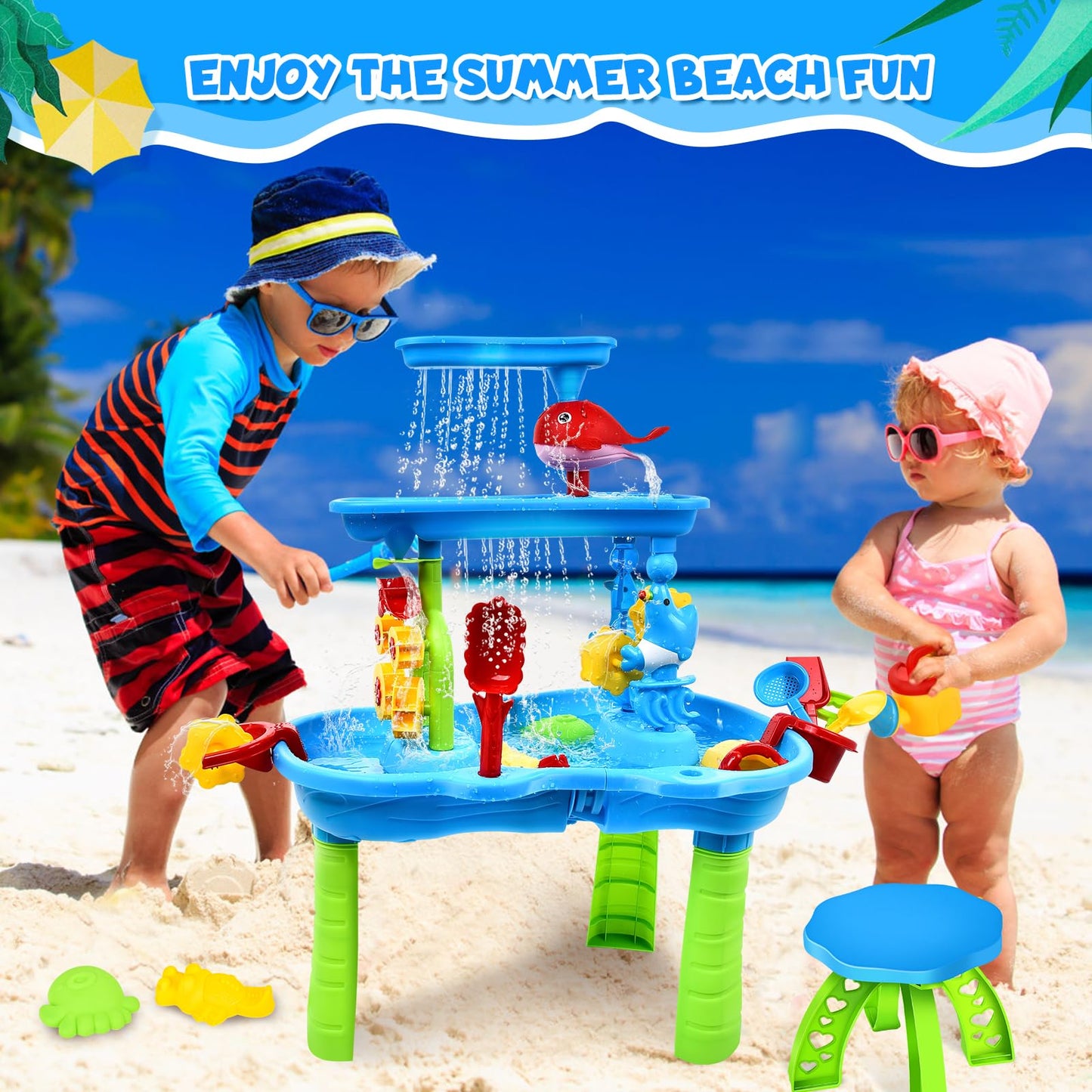 JONRRYIN Sand Water Table for Toddlers, 3-Tier Kids Sand Water Table Toy, Water Play Table Outdoor Beach Toy, Large Play Table Summer Water Toy for Boys Girls 3 4 5 6 7 Year