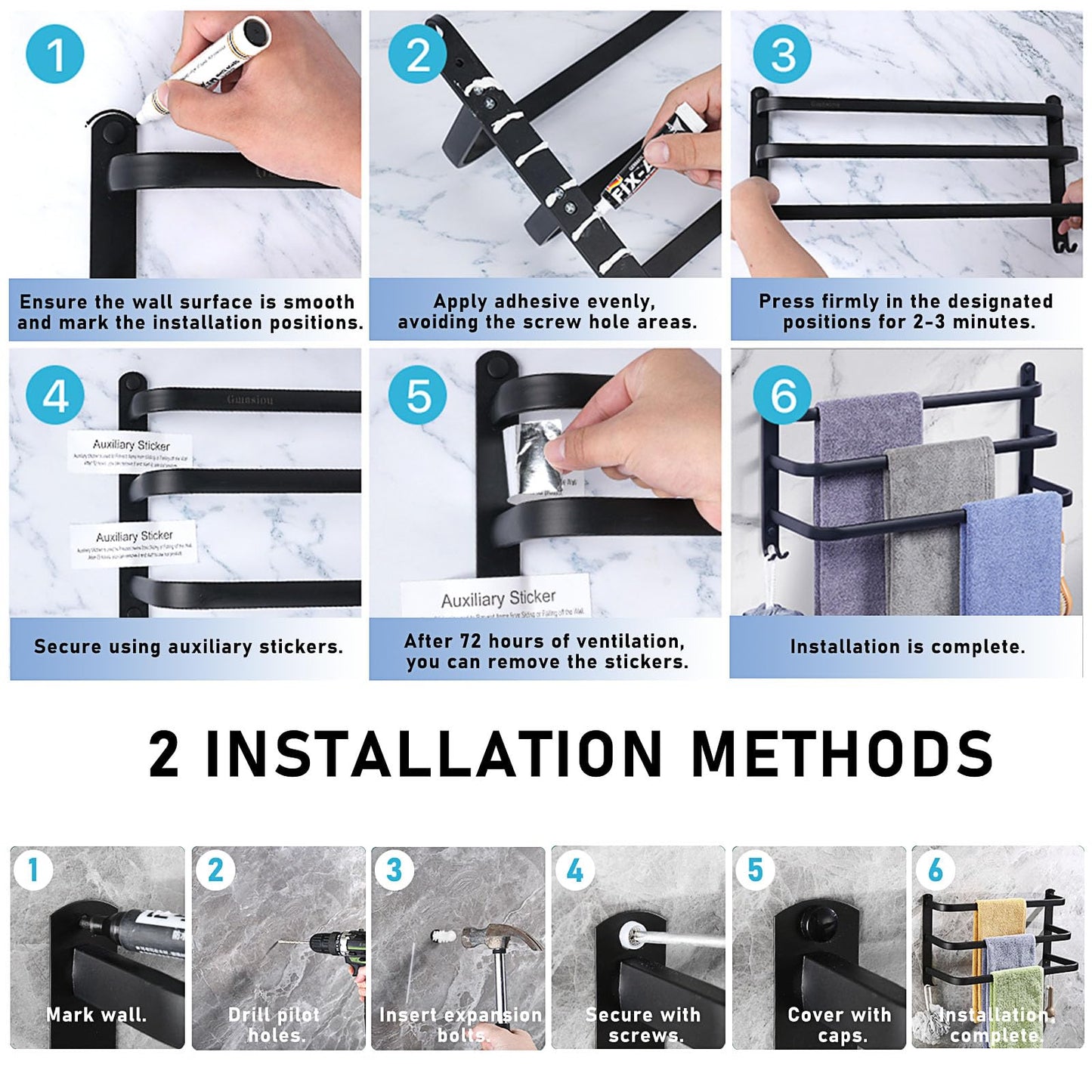Towel holder, aluminum towel rack, wall mounted 3-tier towel bar with hooks 80CM Black Waterproof Rustproof towel holder for bathroom/kitchen/towel rack/shoe rack.