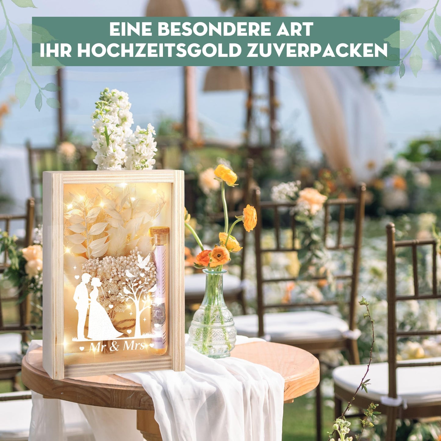 Wedding gifts for couples, wooden wedding gift money box including dried flowers, wooden box, plastic test tube, fairy lights, wedding day, wedding gift money.