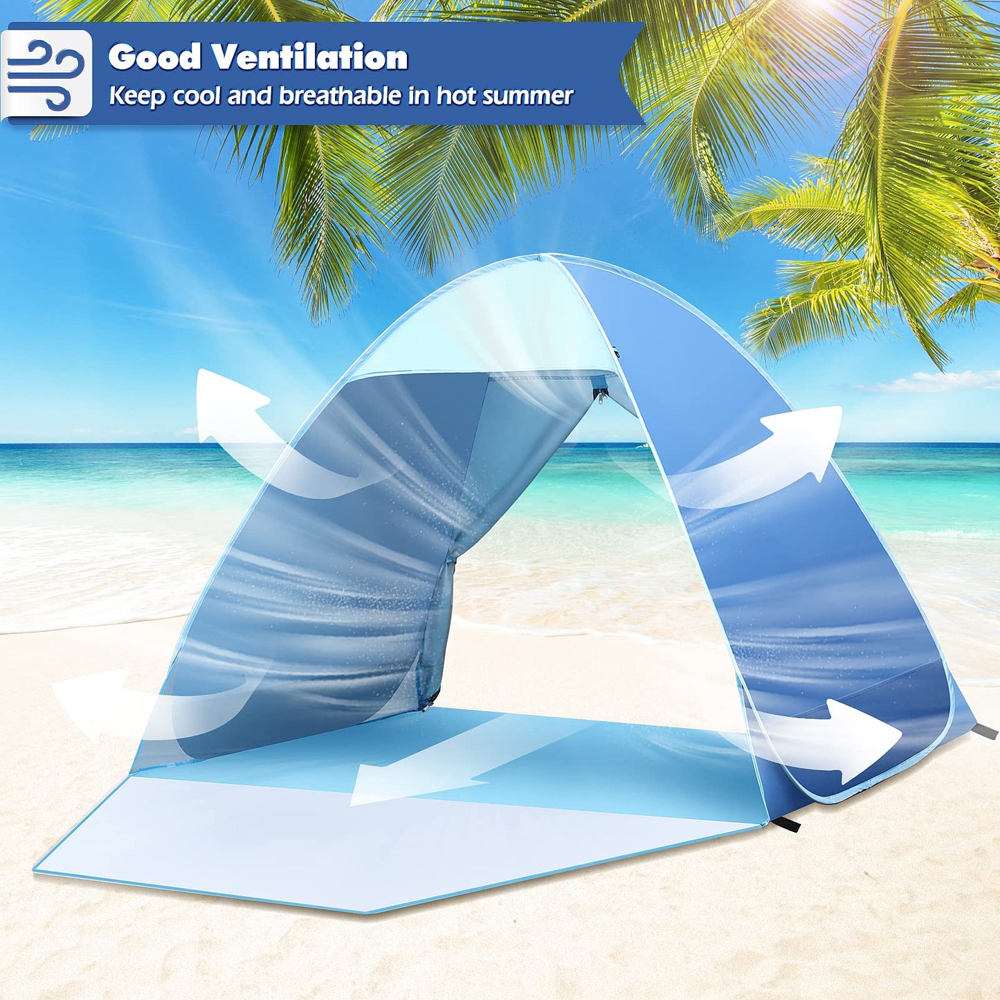 Pop-up beach tent, 2-3 person family tent with UV protection UPF 50+. Beach tent with zipper backdoor, front door with buckles. Compact size for sun protection at the beach or in the garden.