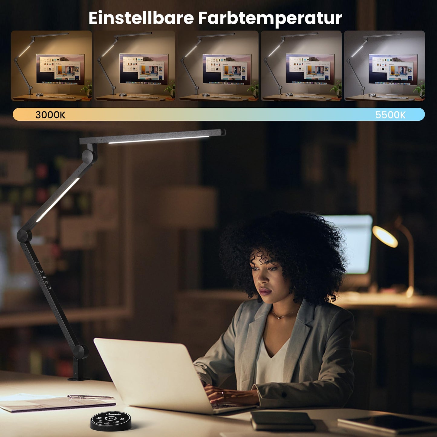 AmazLit Desk Lamp, Dimmable LED Desk Lamp 12W, Dual Light Source Swing Arm Architect Lamp, Adjustable Color Temperature Table Lamp Clamp, Office Lamp with Remote Control.