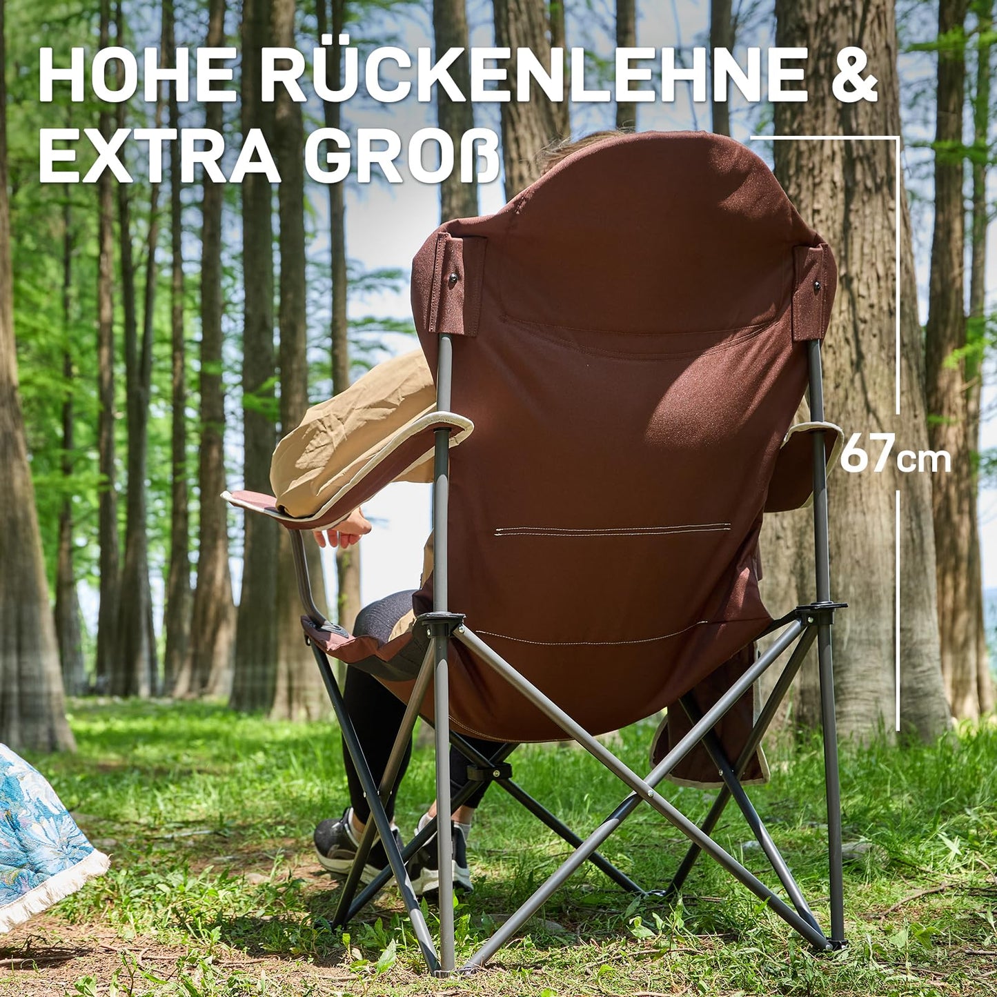 EVER ADVANCED Luxury Camping Chair Foldable 160KG Capacity Extra Large with High Backrest, Comfortable Folding Chair with Side Pockets & Cup Holder for Camping Garden Balcony Fishing, Outdoor Chair Fishing Chair