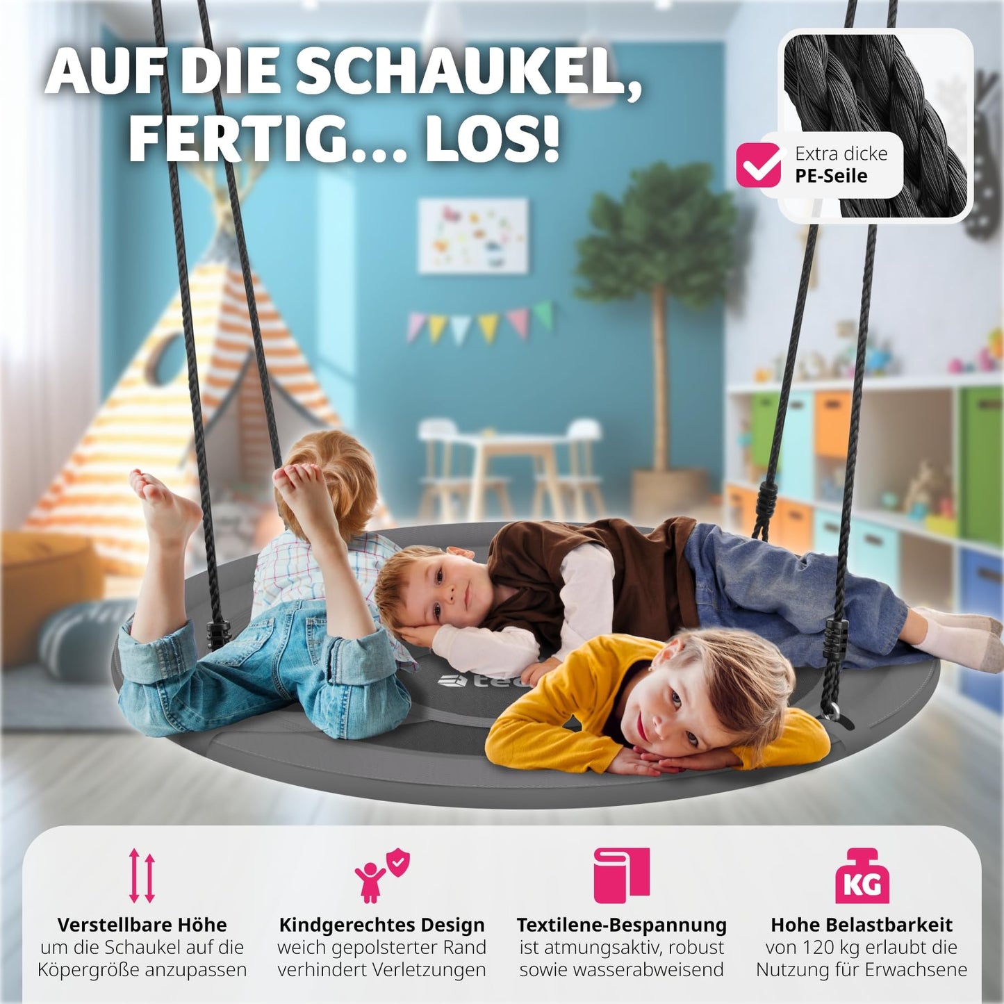 tectake® Nest Swing, capacity up to 120 kg, swing for children and adults, outdoor garden swing or indoor hanging chair, toy for garden or children's room (SIZE Ø 100 cm)