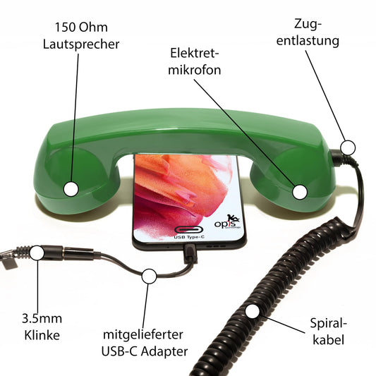Description 60s Micro: Retro telephone handset for mobile with USB-C adapter as retro headset for Android Smartphone and for iPhone 15 and newer in Green.