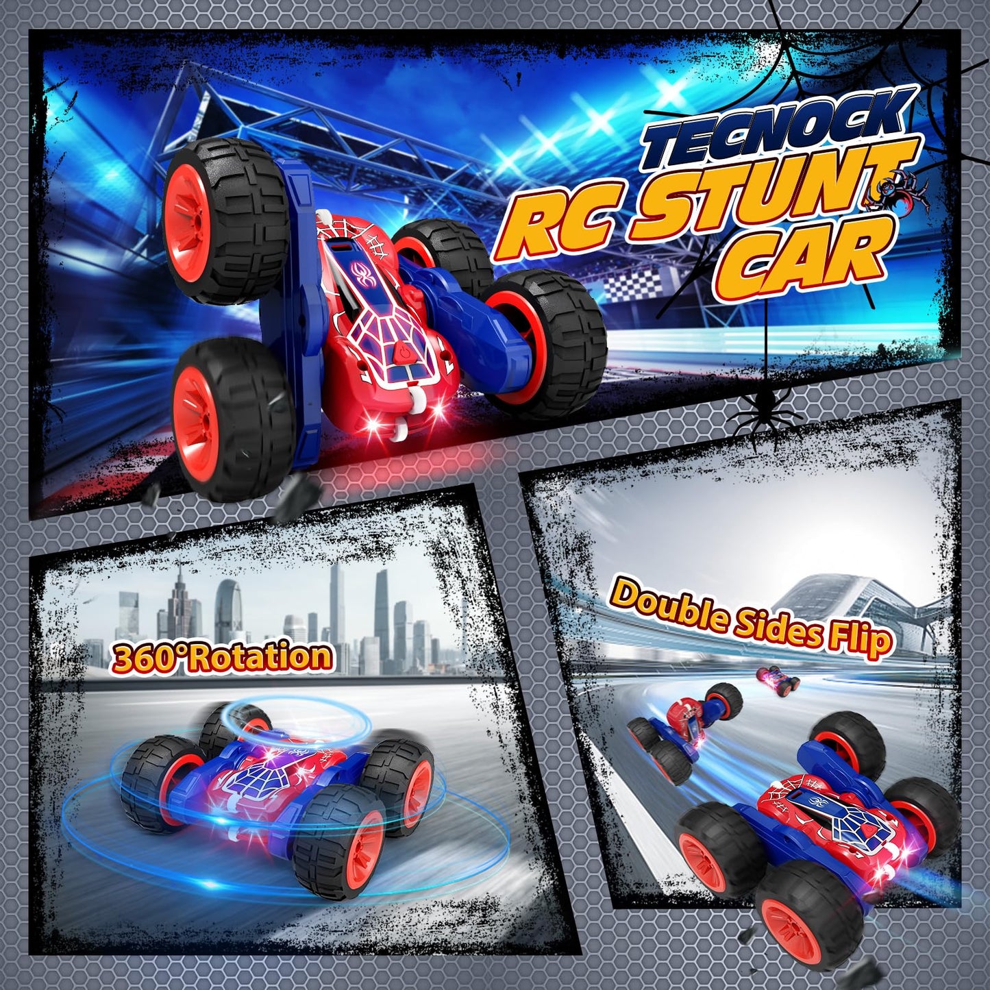 Tecnock 2025 Remote Control Car with 2.4 GHz Remote Control 360° Flip Stunts Rc Car Monster Truck with Colorful Lights for Ages 6-12 Outdoor Toy Gift for Young Children