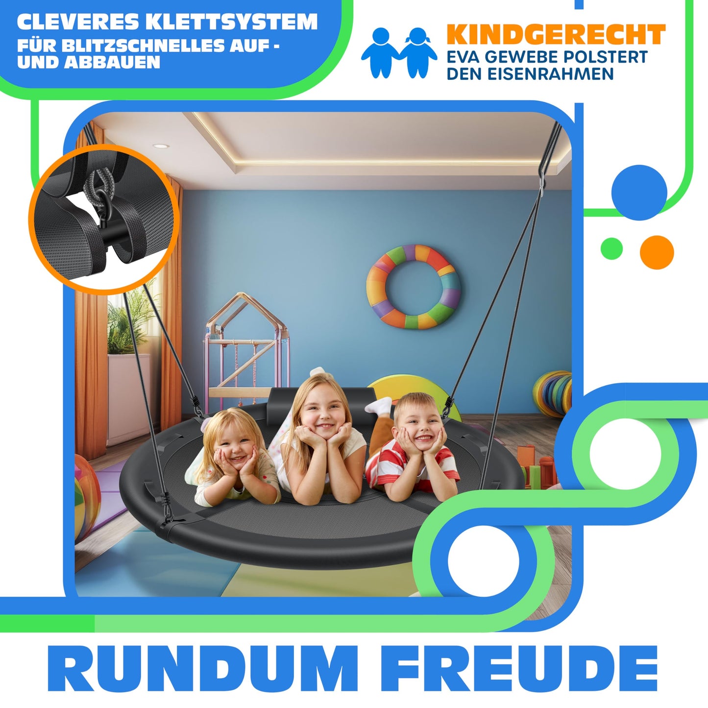KESSER® Nest Swing Plate Swing Hanging Swing Round Swing Ø 120cm Swing Loadable up to 300kg with Cushion & 4 Handles Adjustable Children's Swing Indoor & Outdoor for Kids & Adults Charcoal Gray