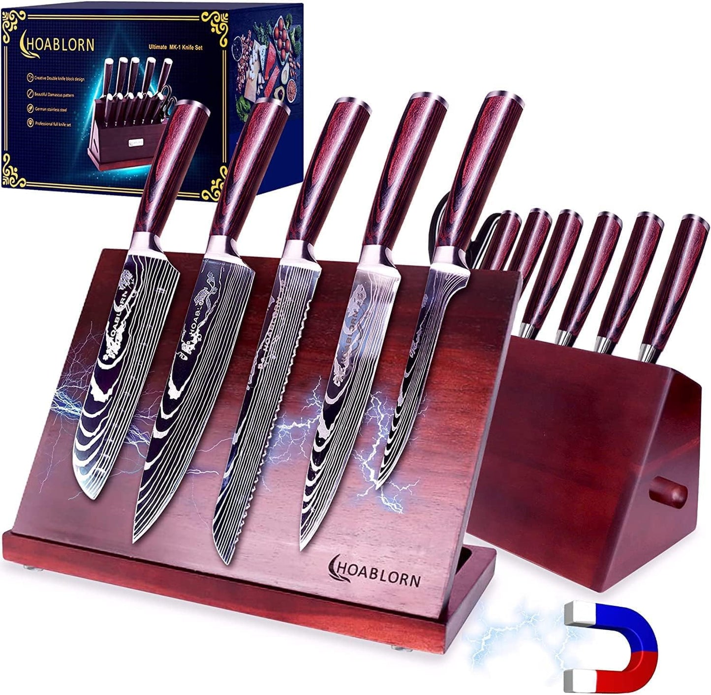 Kitchen Knife Set with Block HOABLORN Luxury 15-piece Knife Block with Knives: Acacia Knife Holder with Strong Magnetic Heart, knife set with block, for housewarming and wedding gifts.