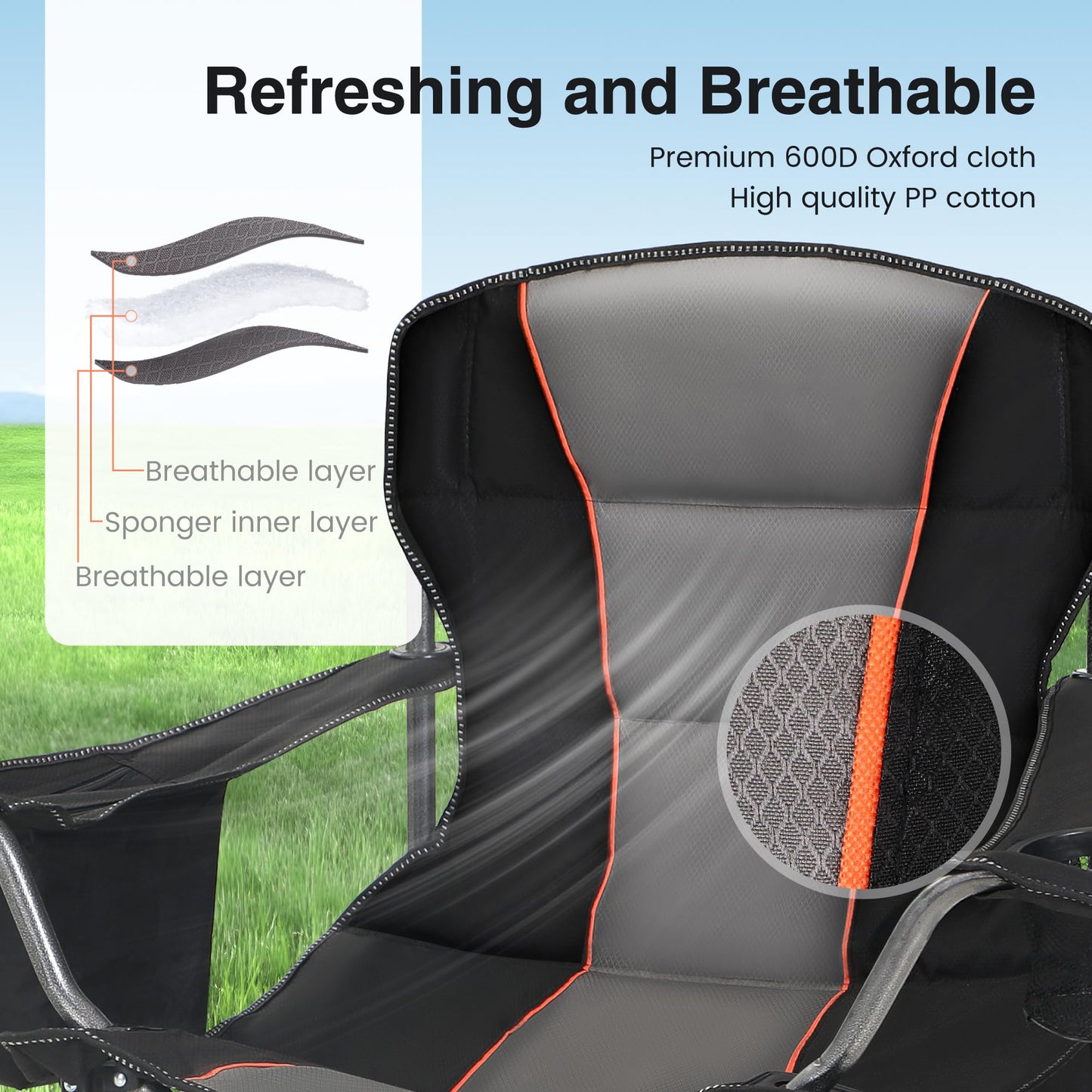 HIGH POINT SPORTS Folding Camping Chair 2-Pack 440lbs Foldable Padded Chair with Cup Holders XXL Folding Fishing Chair with Armrests Outdoor Chair Black